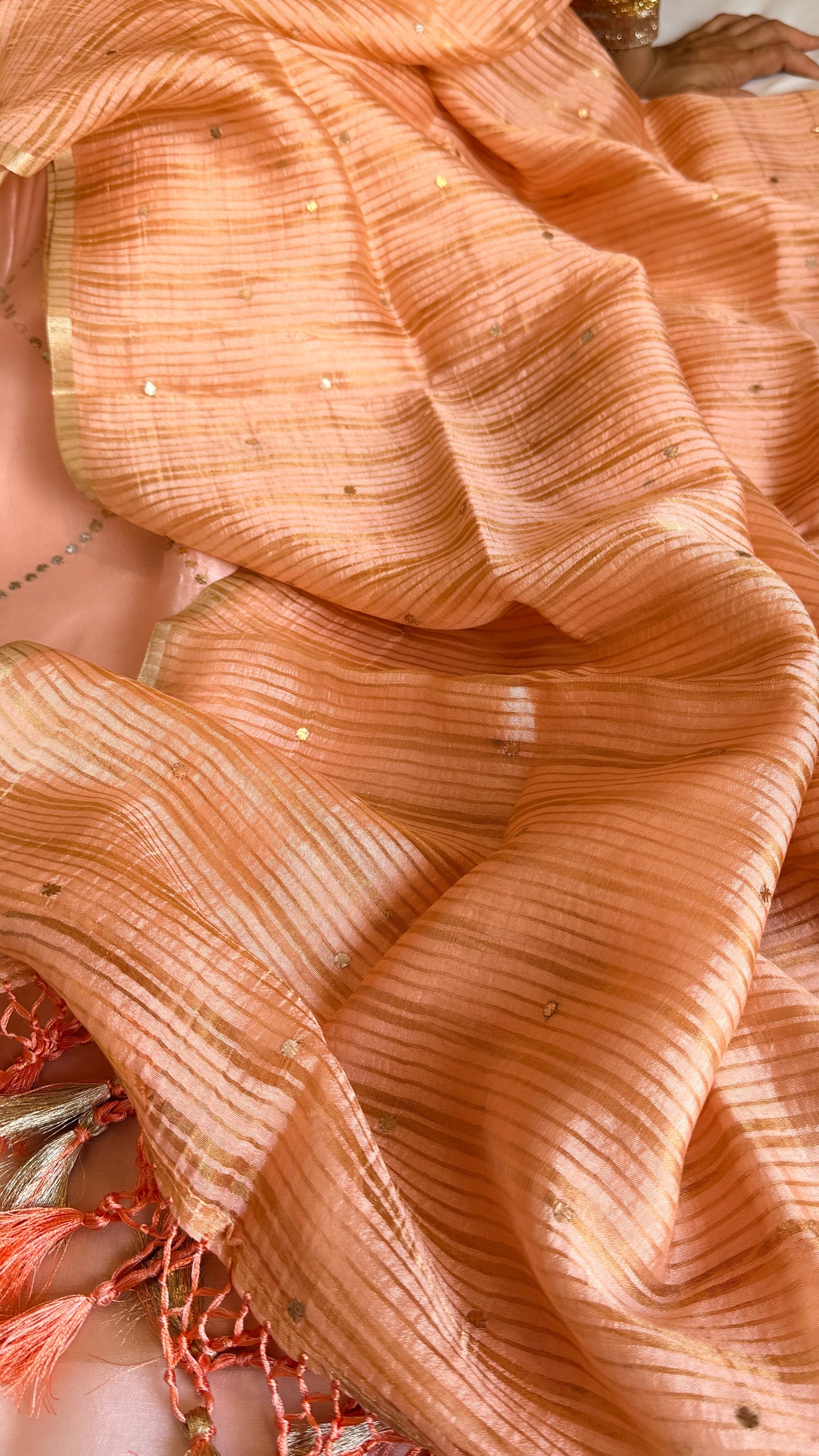 Summer suit edit - Spun chiniya silk mukaish work peach shade hand embroidered suit set