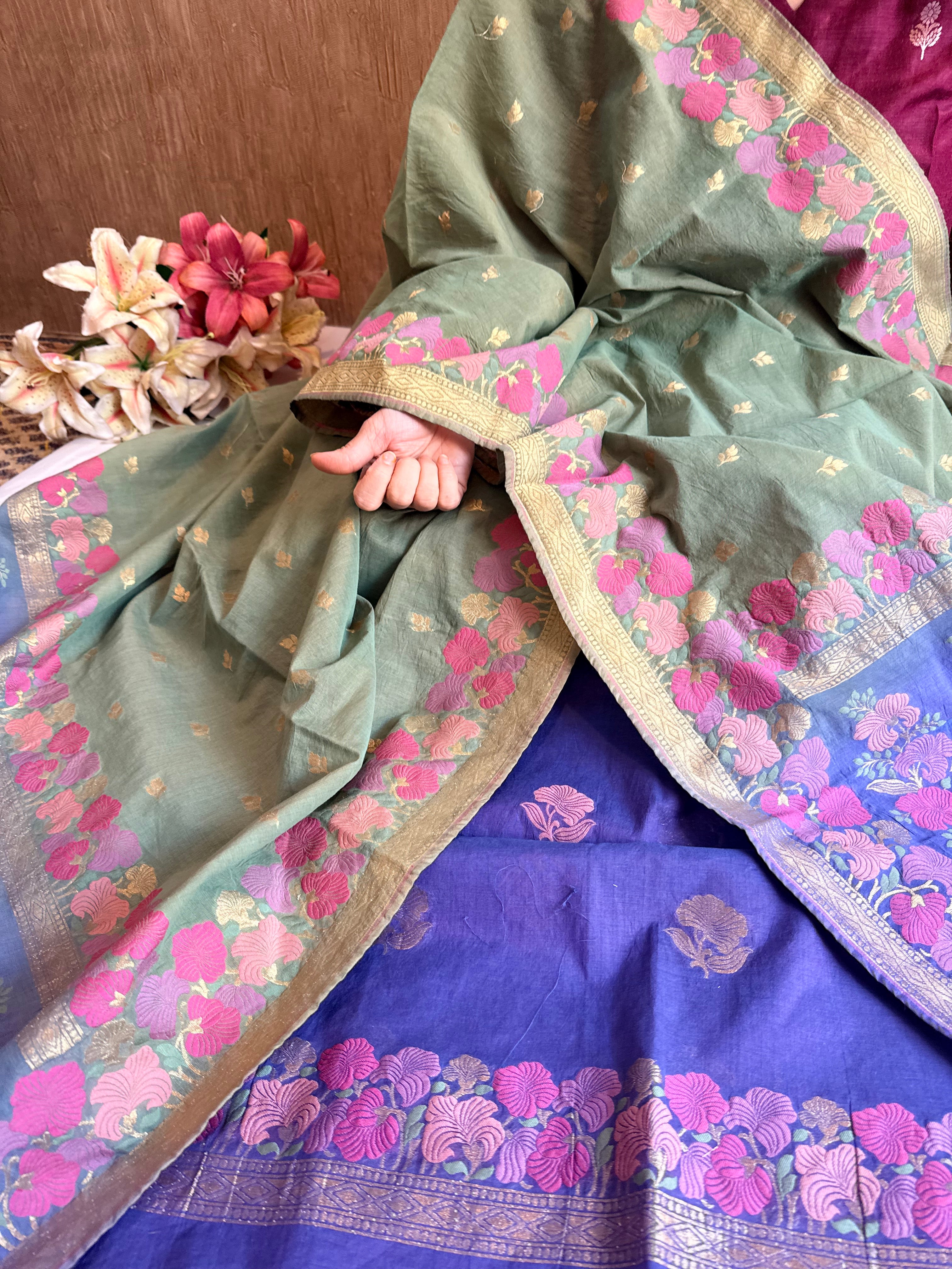 Mul cotton banarasi kadhwa buti green - purplish blue suit set