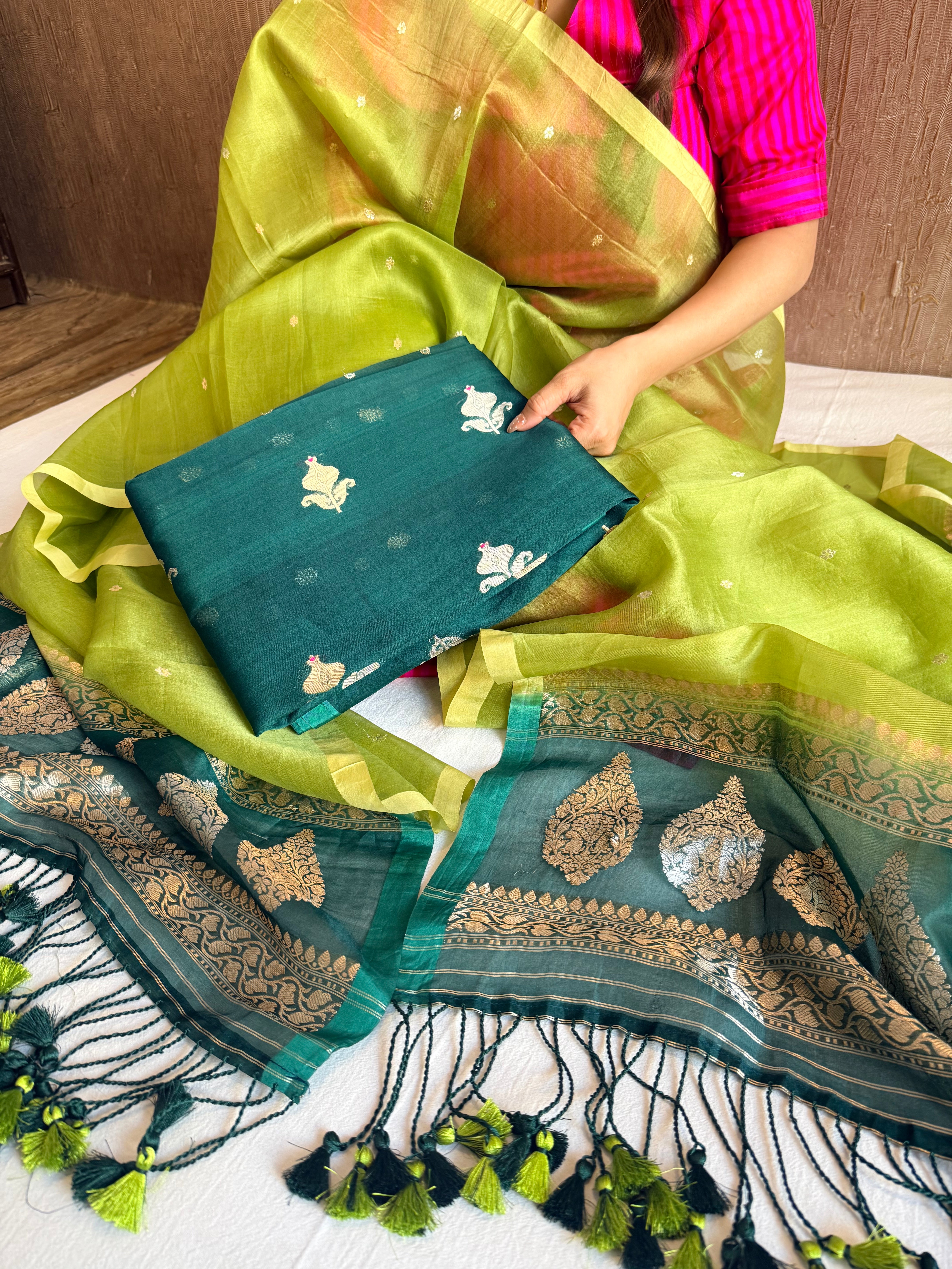 Olive green-bottle green shaded kora silk chal dye kadhwa banarasi suit set
