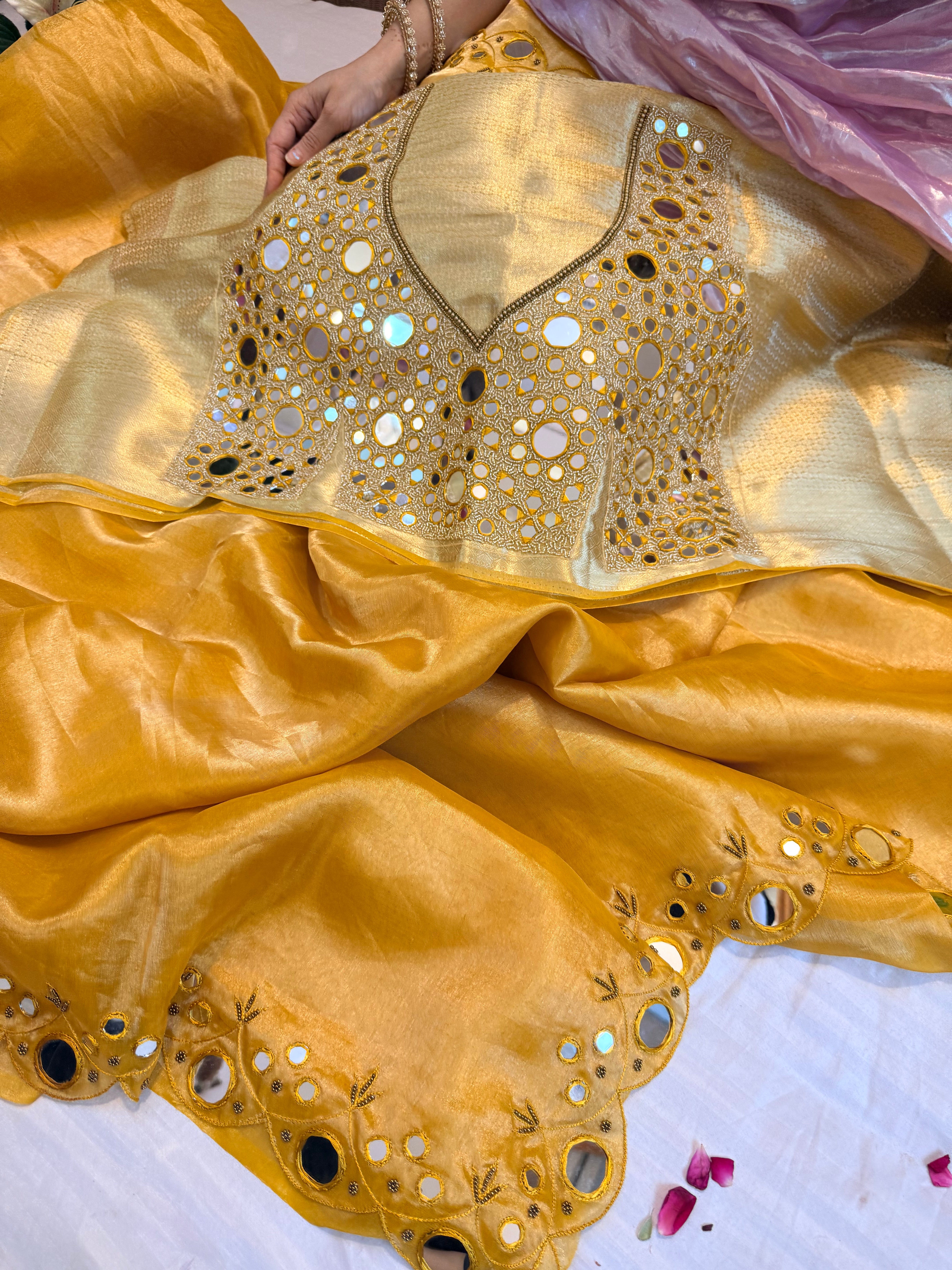Sheeshe wali haldi yellow tissue silk mirrorwork hand embroidered banarasi saree