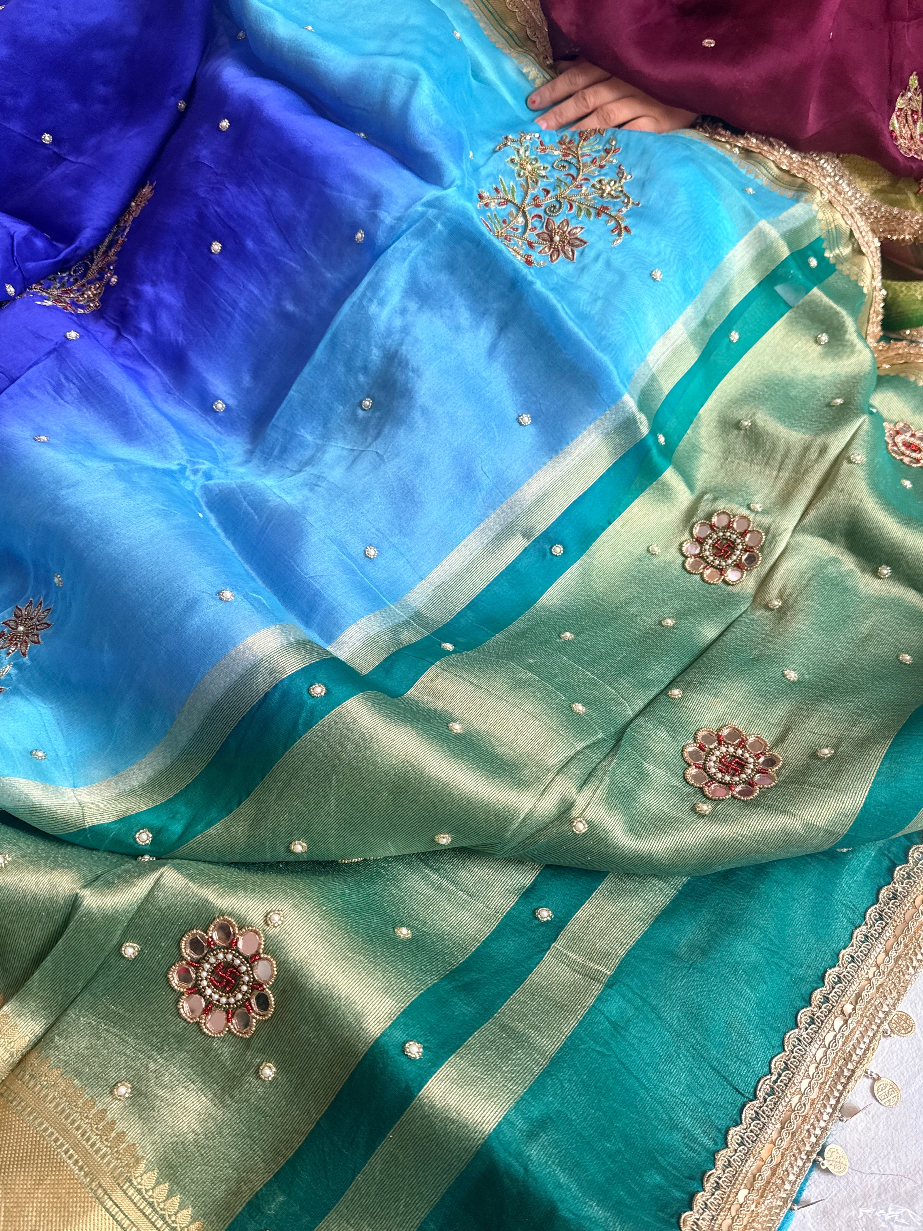 Husn ganga jamuna contrast border kora silk hand embroidered saree