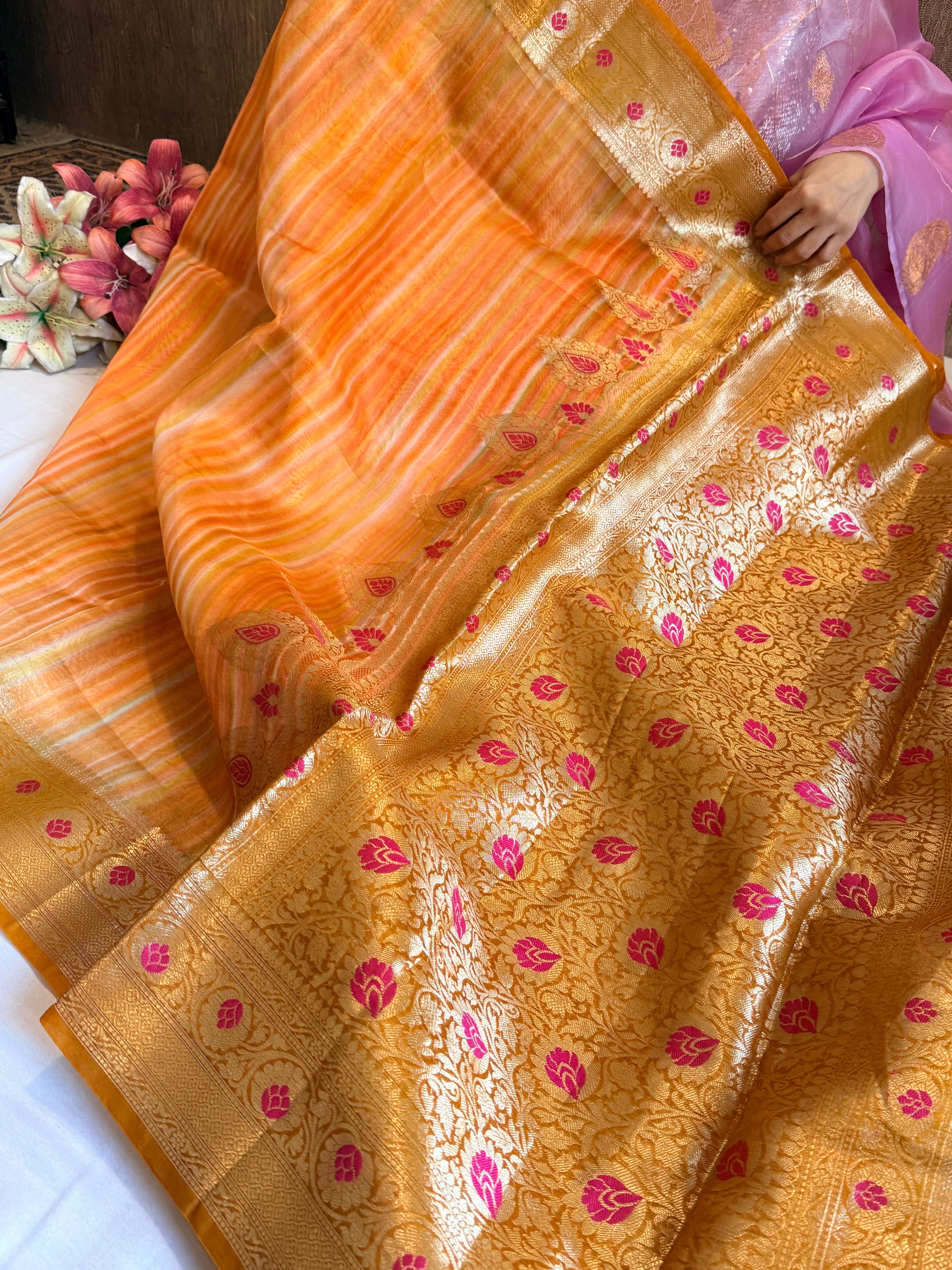 Peachy orange kora silk rainbow dyed meenakari saree