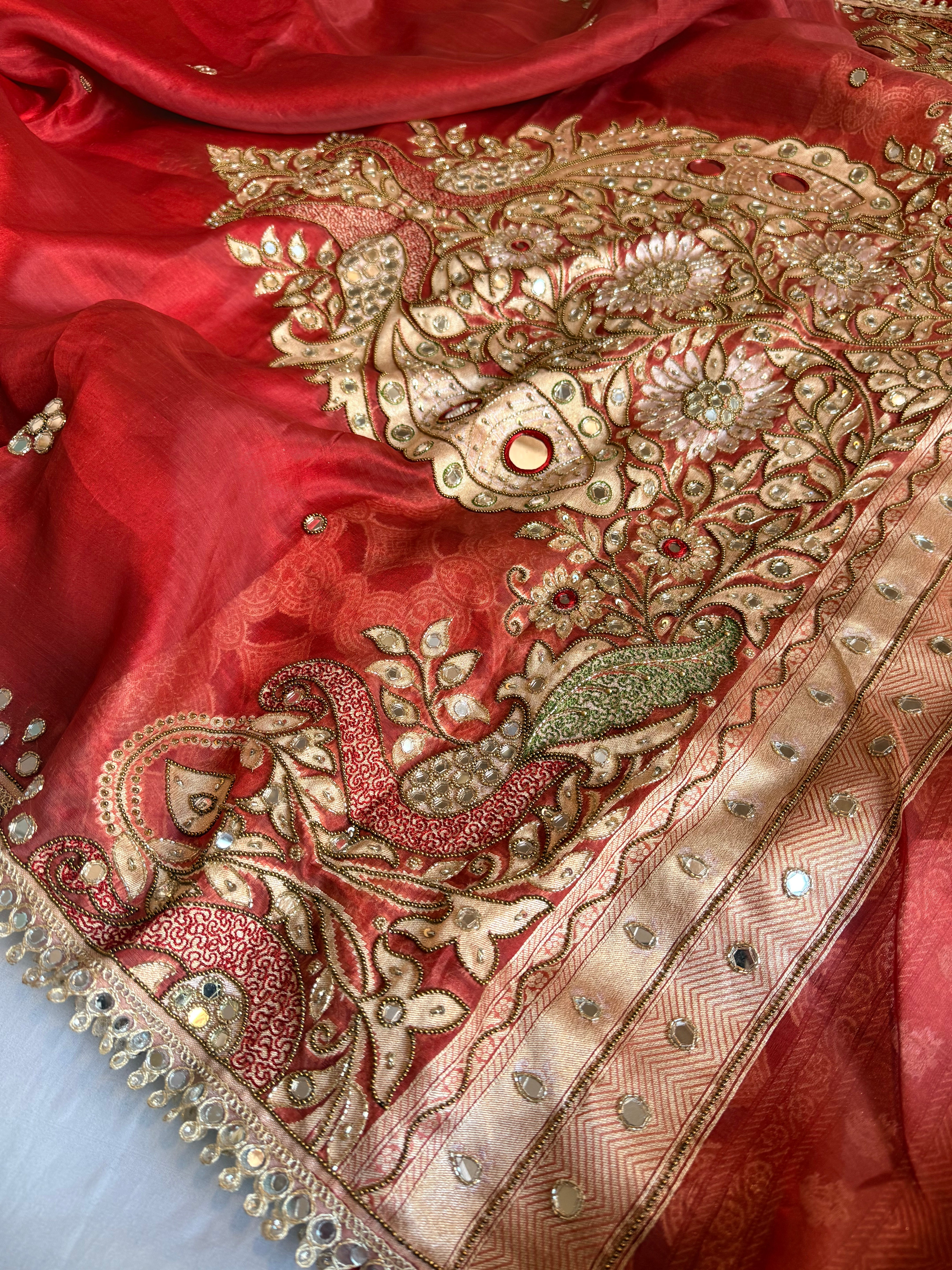 Dhup chao effect tissue silk mirrorwork hand embroidered paithani pallu kadhwa saree