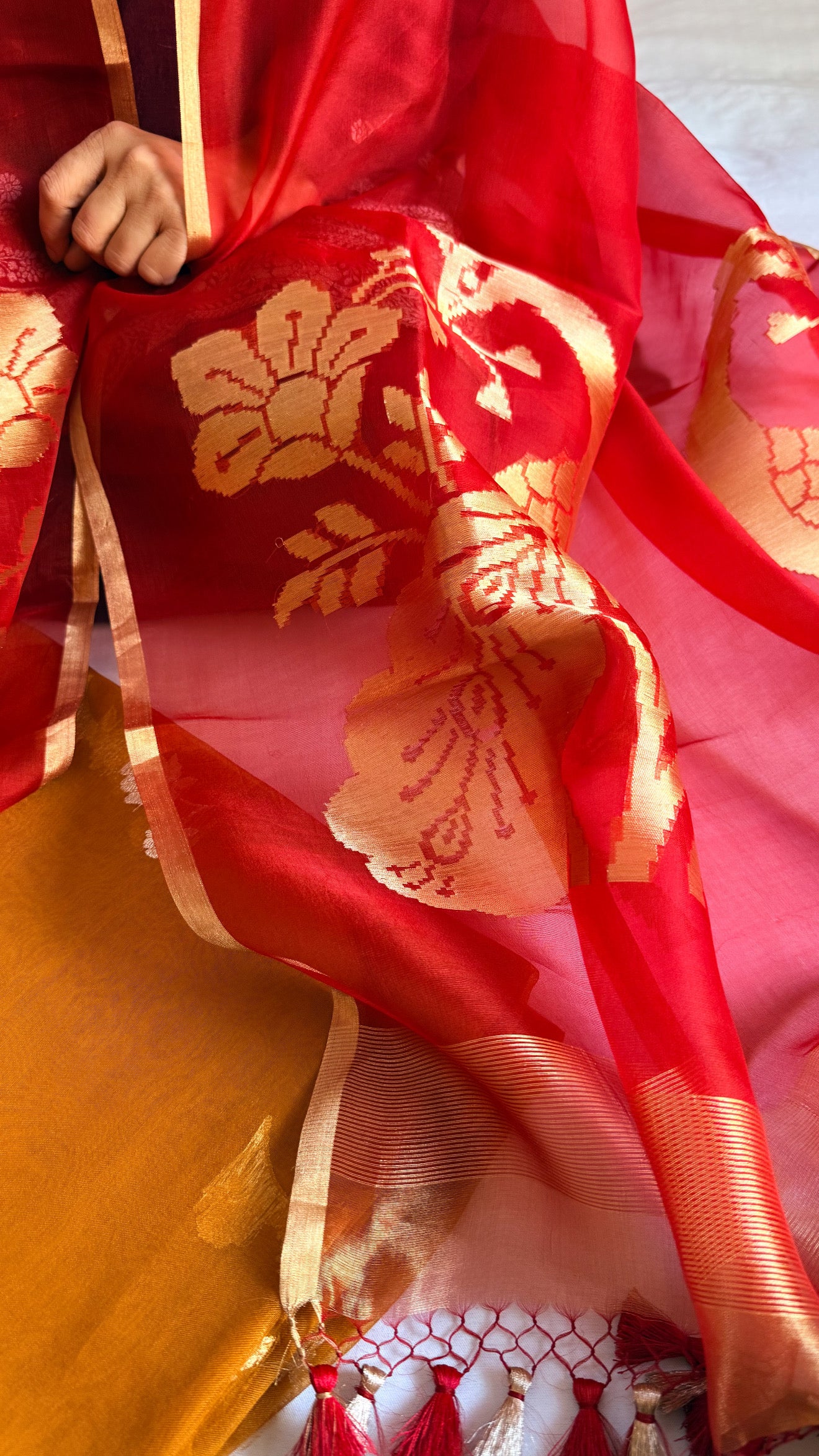 Peacock motif kora silk kadhwa mustard-red combination suit set