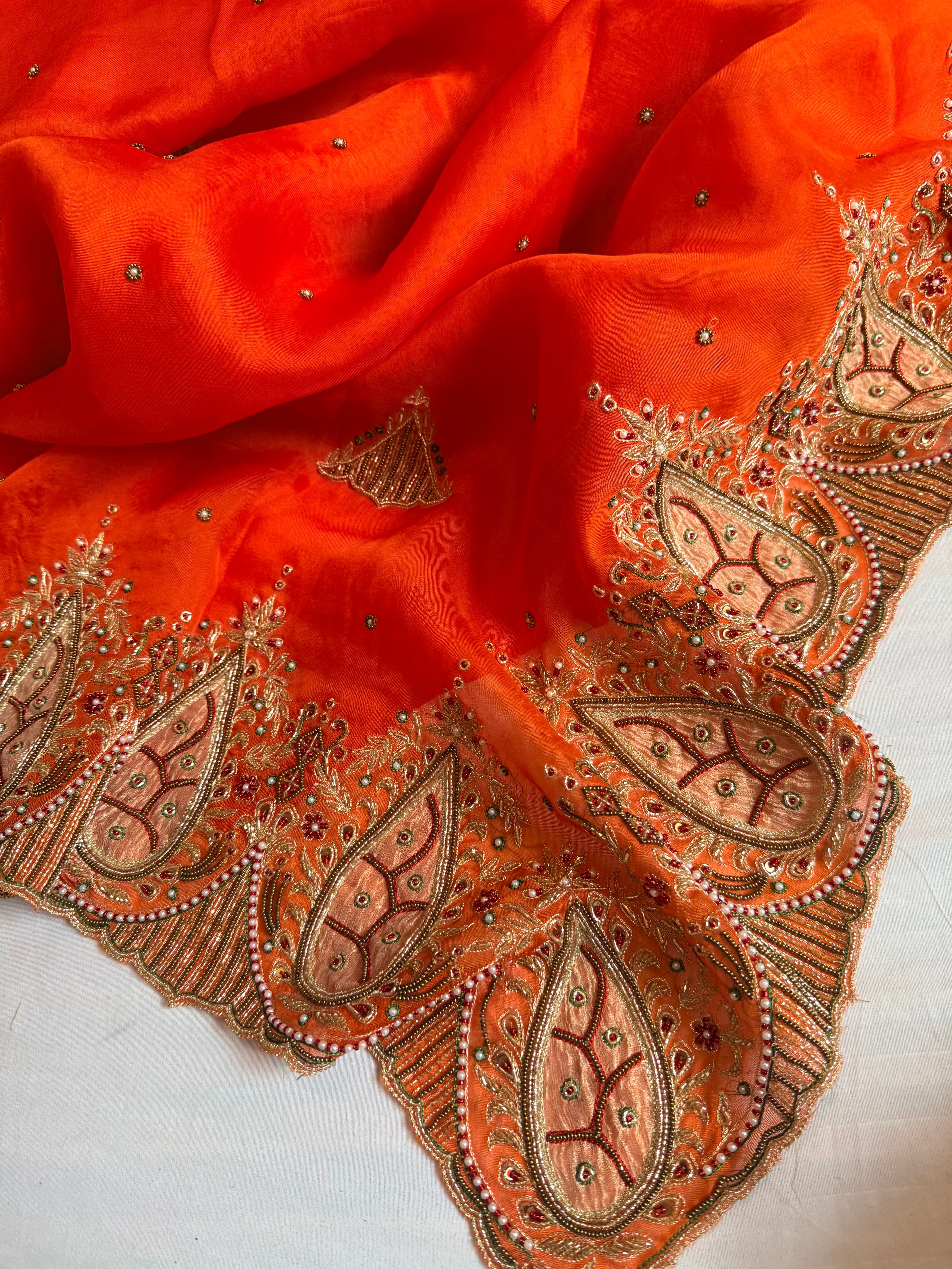 Gulab genda edit - Banarasi Kora silk fanta orange hand embroidered saree