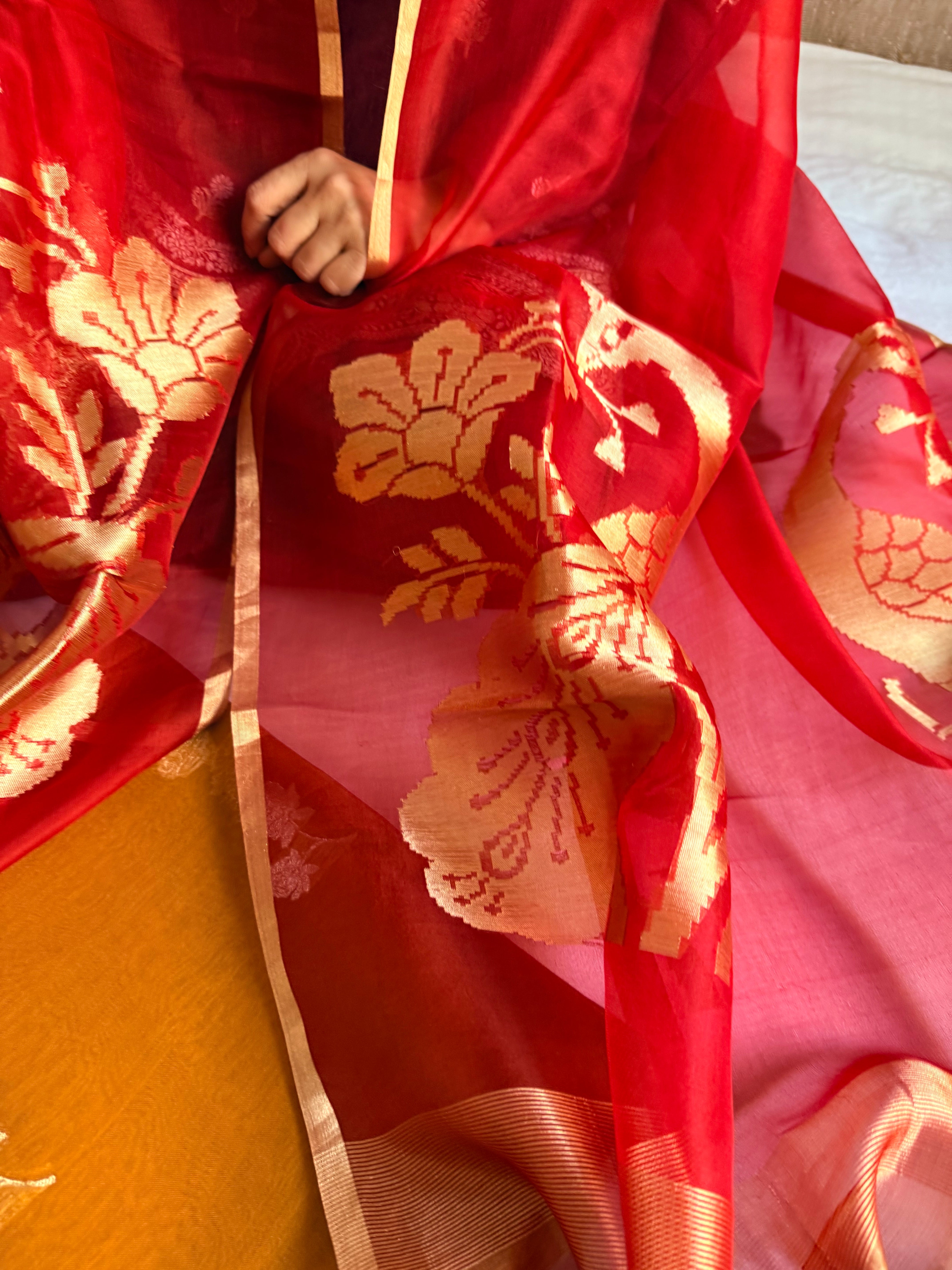Peacock motif kora silk kadhwa mustard-red combination suit set