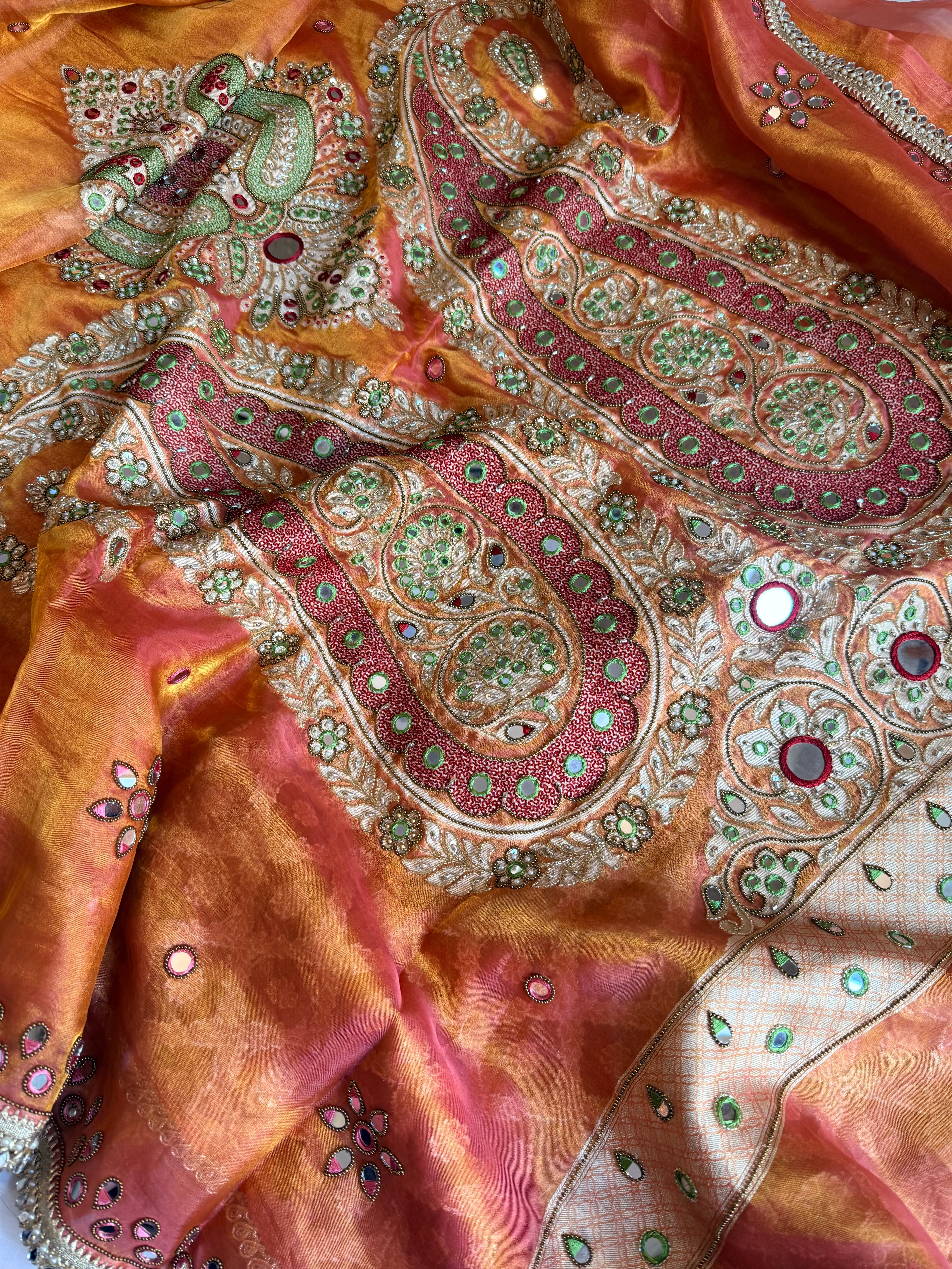 Dhup chao effect tissue silk mirrorwork hand embroidered Paithani pallu kadhwa saree