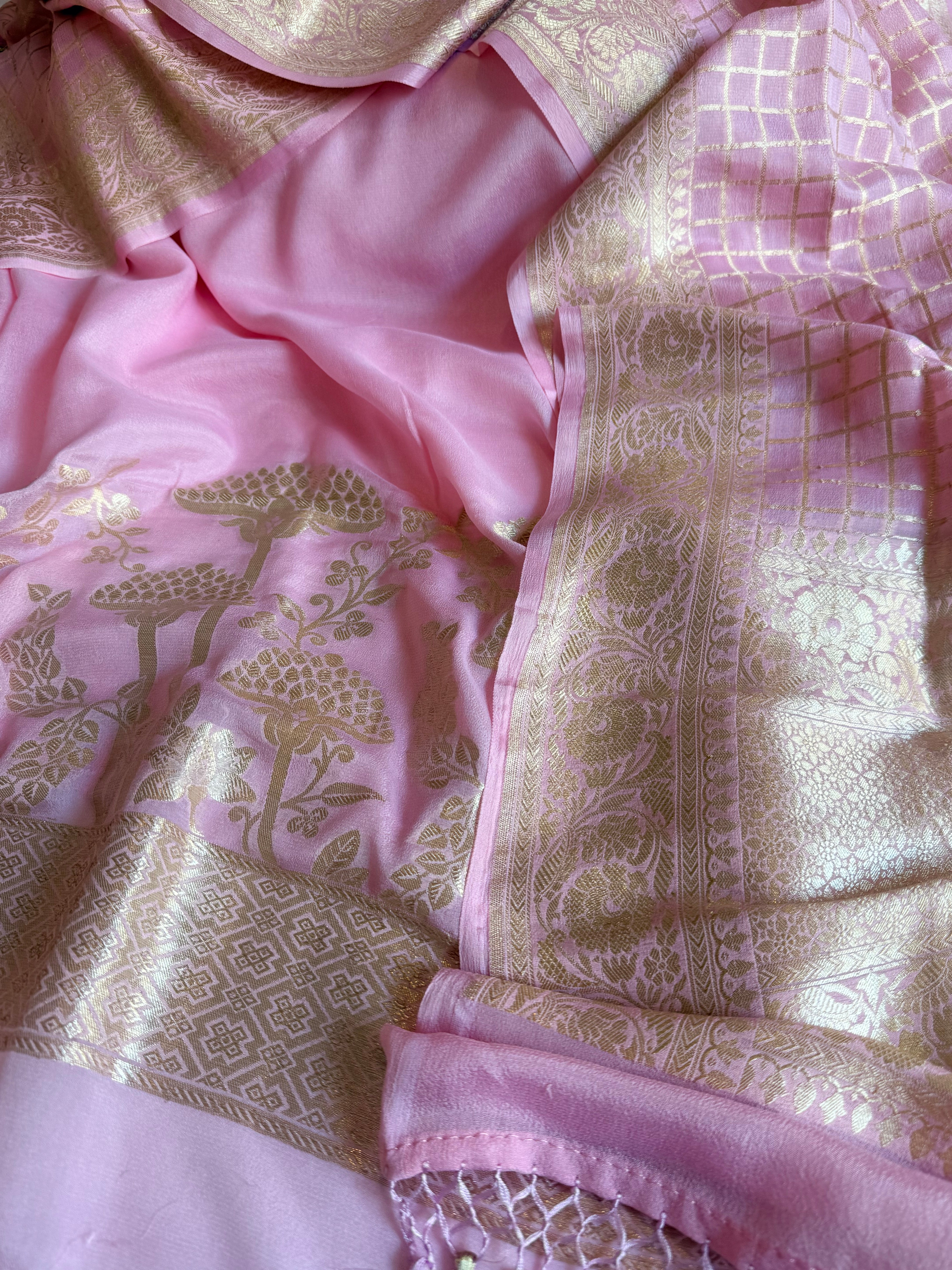 Chiffon gorgette blush pink kadhwa weaving banarasi suit set