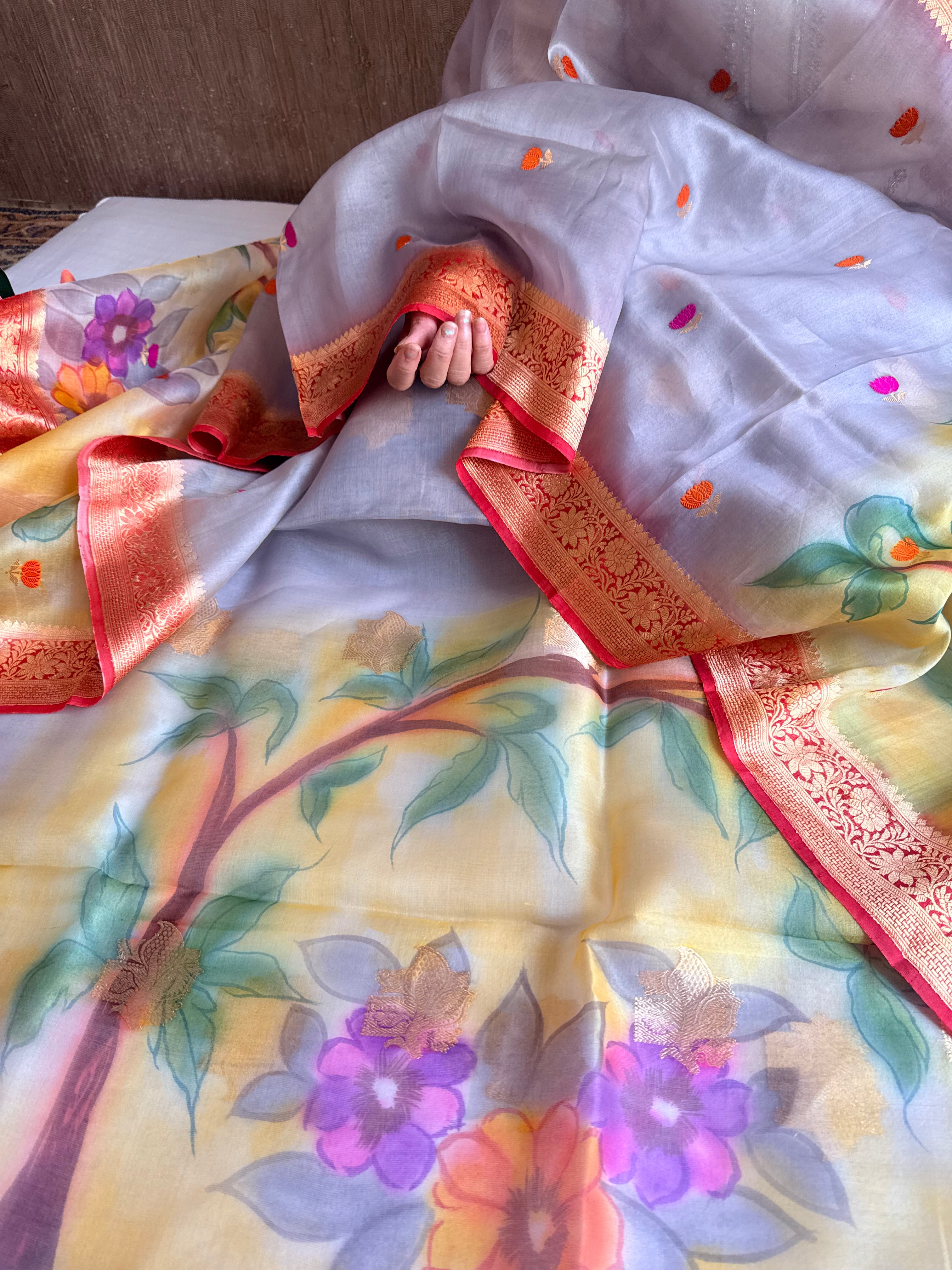 Rainbow dyed kora silk handpainted brush dyed banarasi suit sets