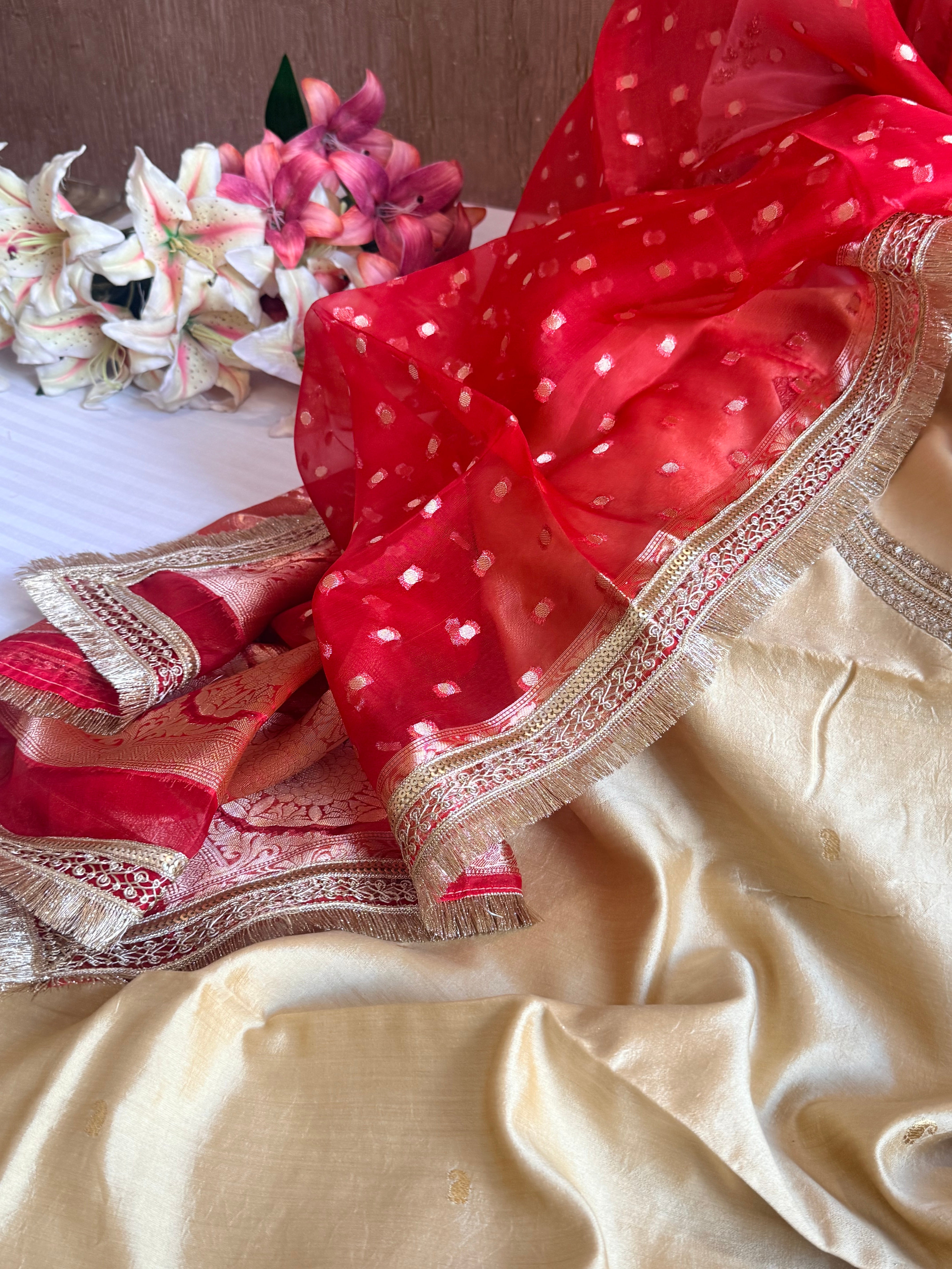 Beige-red chiniya silk kadhwa buta kurta paired with kora silk red duppata