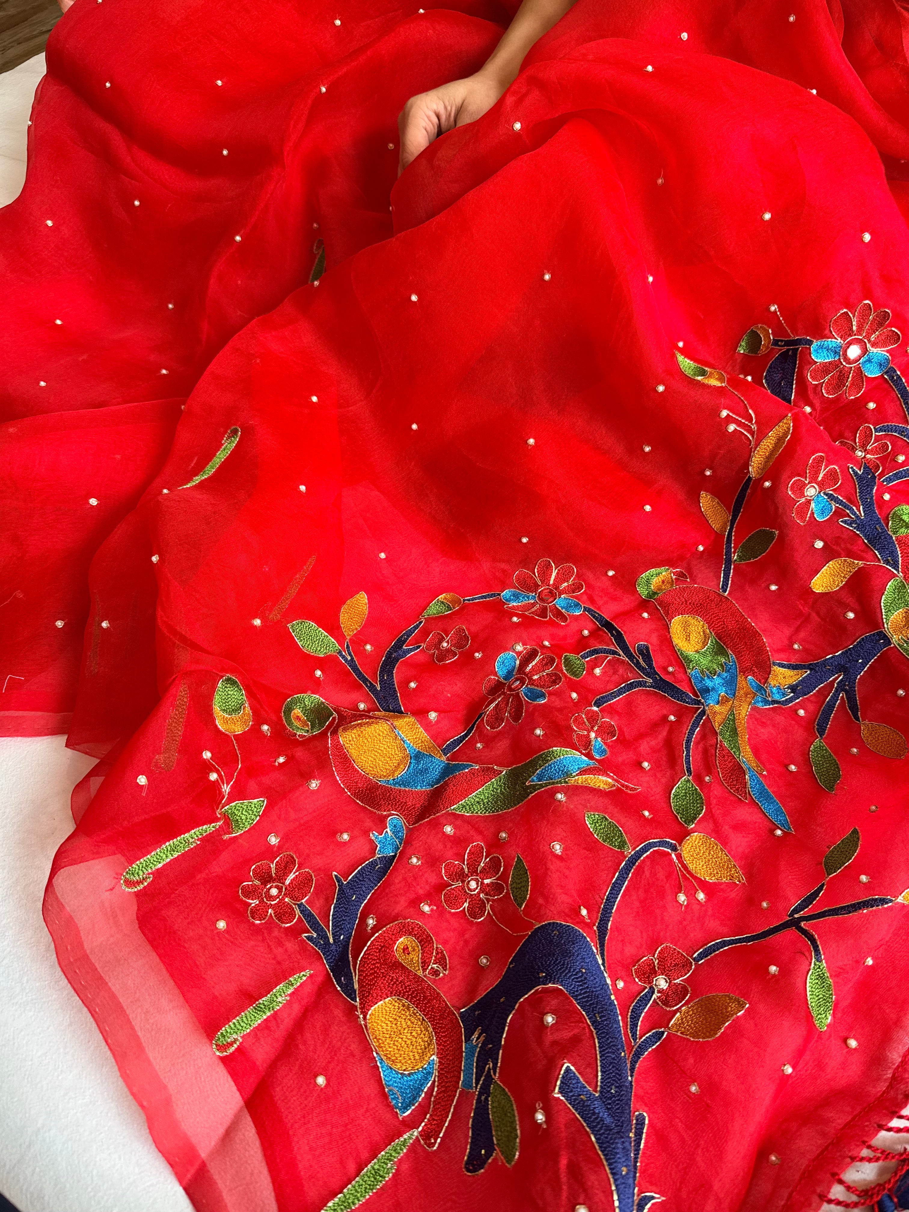Kora silk blood red paithani design inspired hand embroidered saree