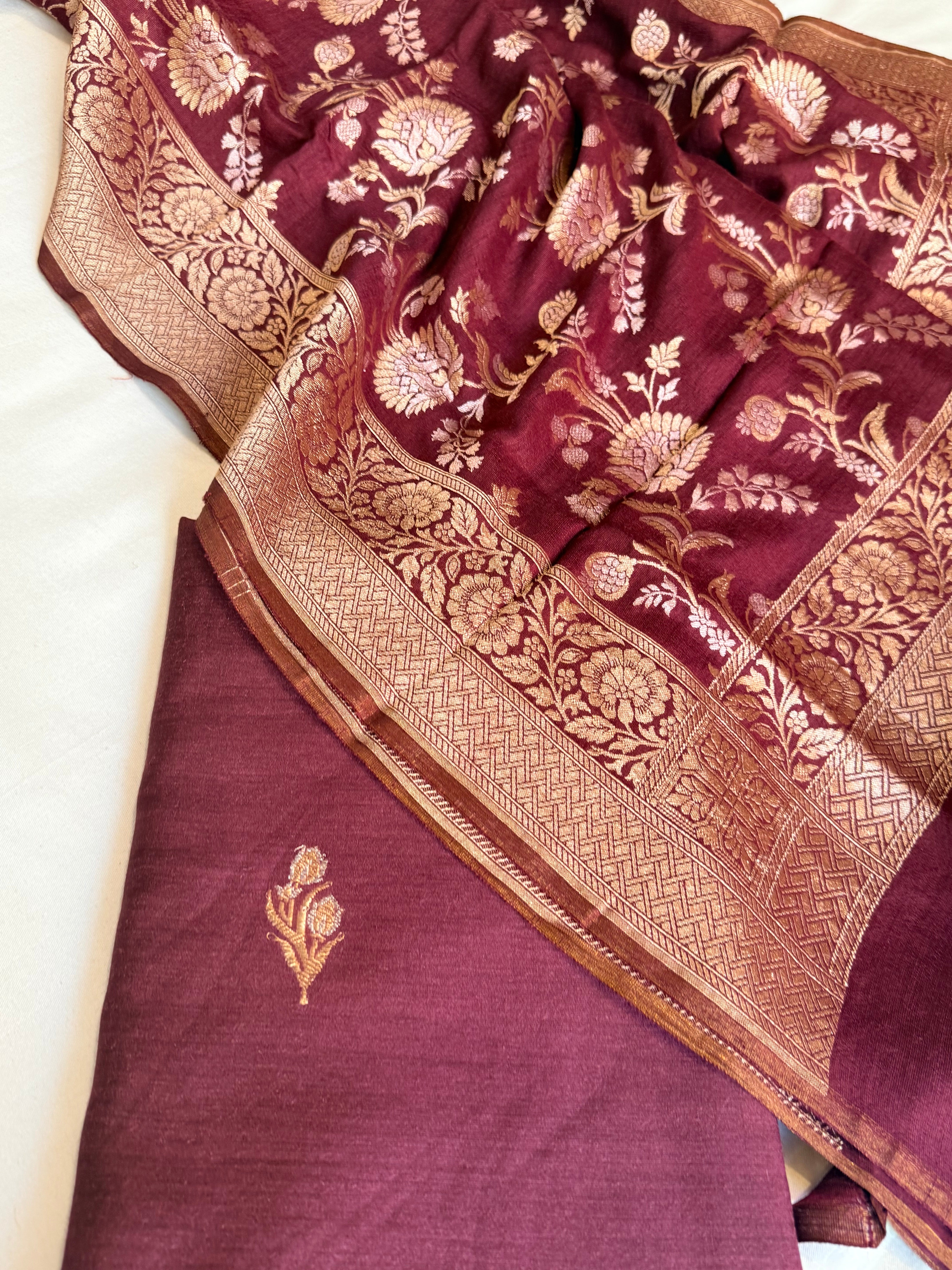 Moonga silk maroon shade kadhwa jungla duppata suit set
