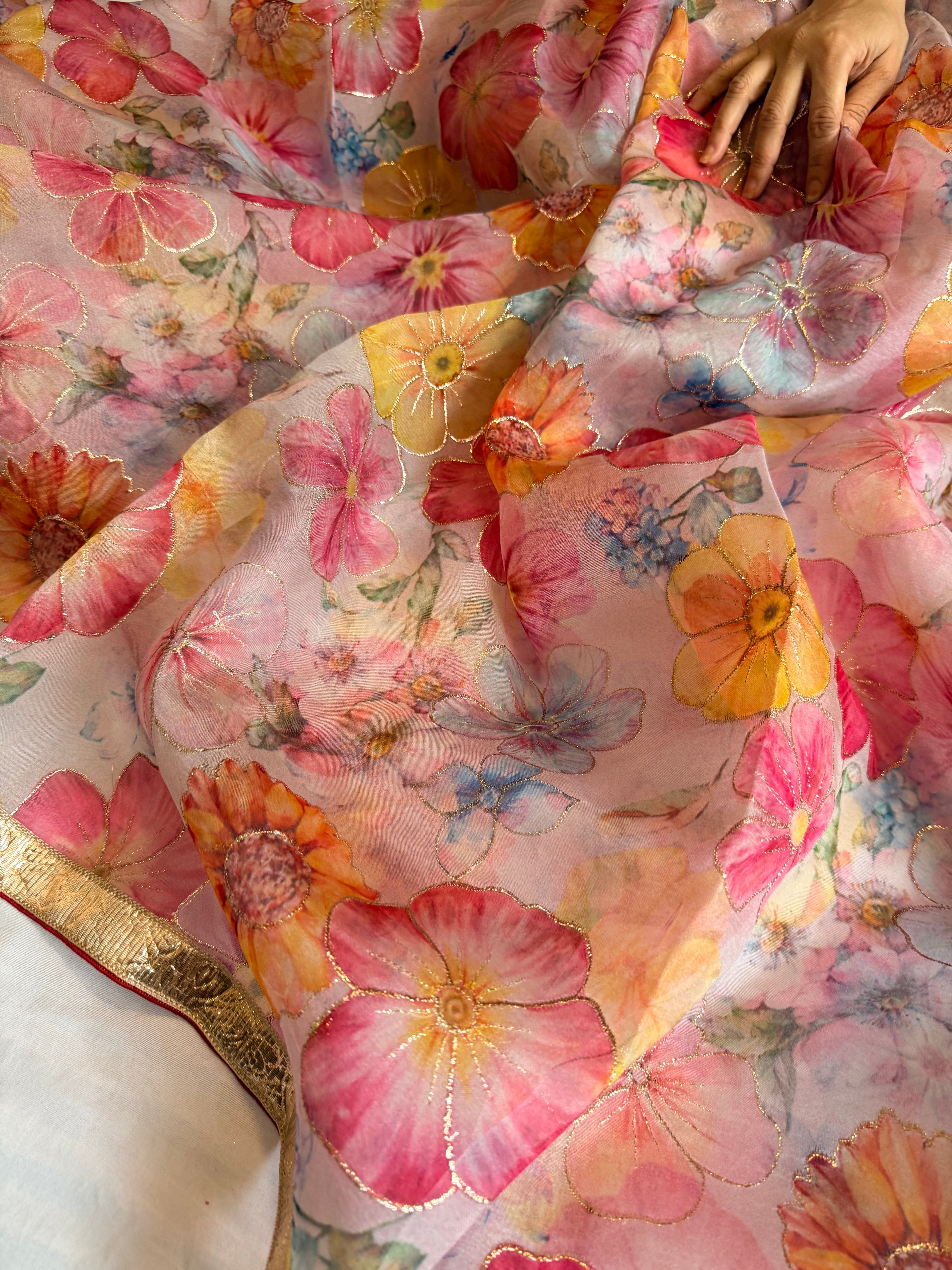 Kora silk printed lampi gotapatti hand embroidered saree
