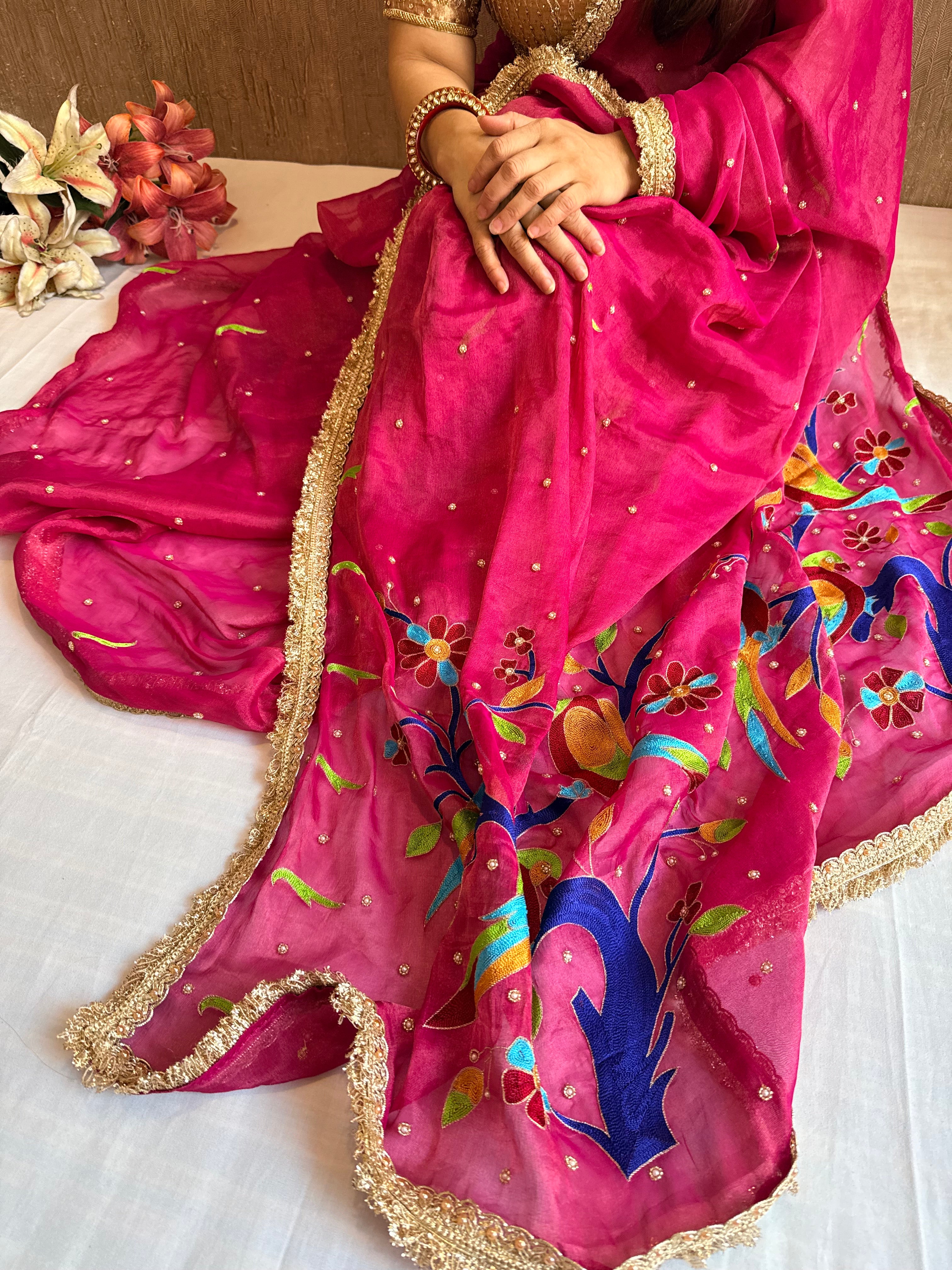 Strawberry pink tissue gorgette paithani meenakari hand embroidered saree