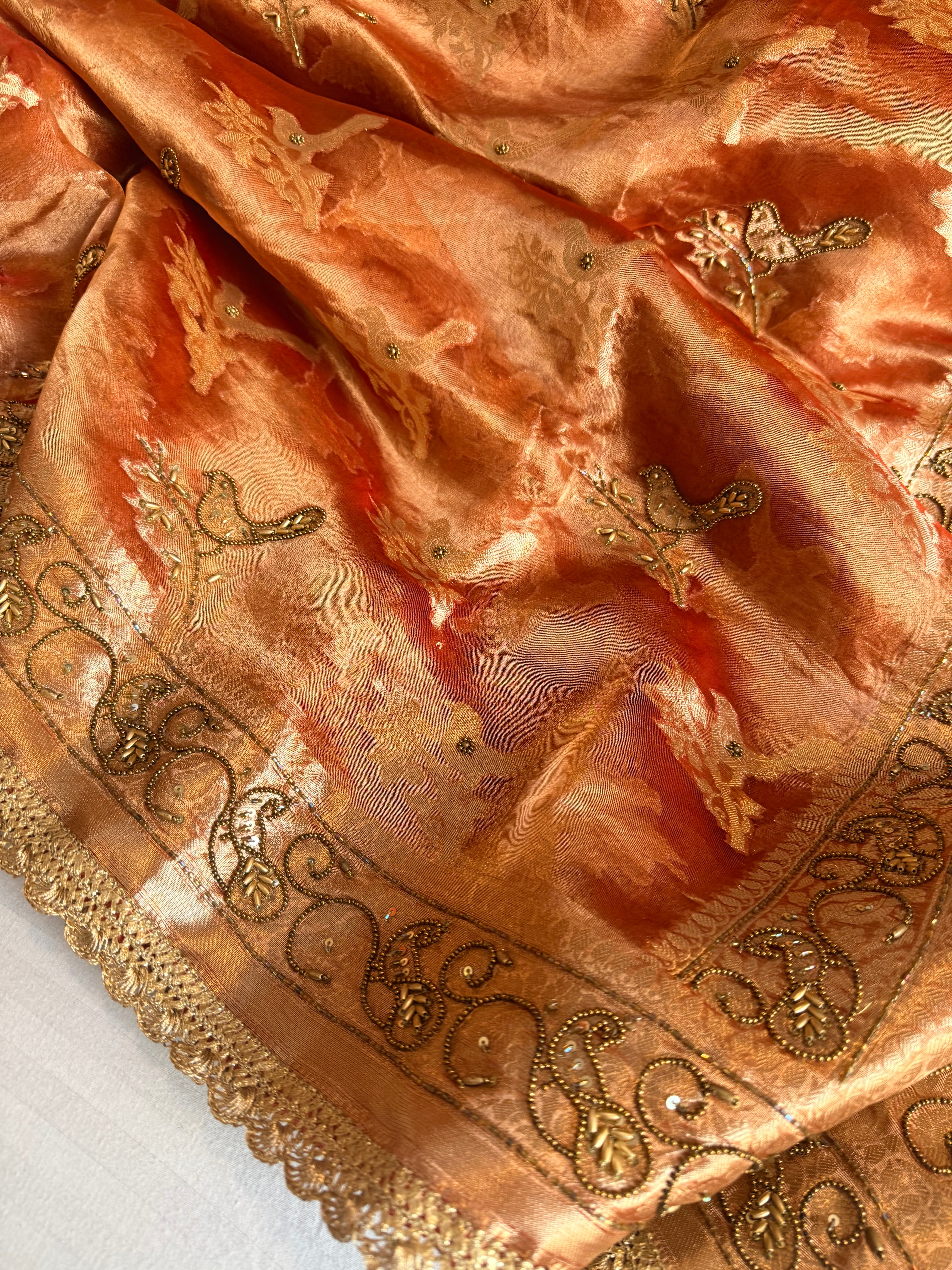 Chiraiya wali saree - Sunset red tissue silk figure motif weaving and hand embroidered saree