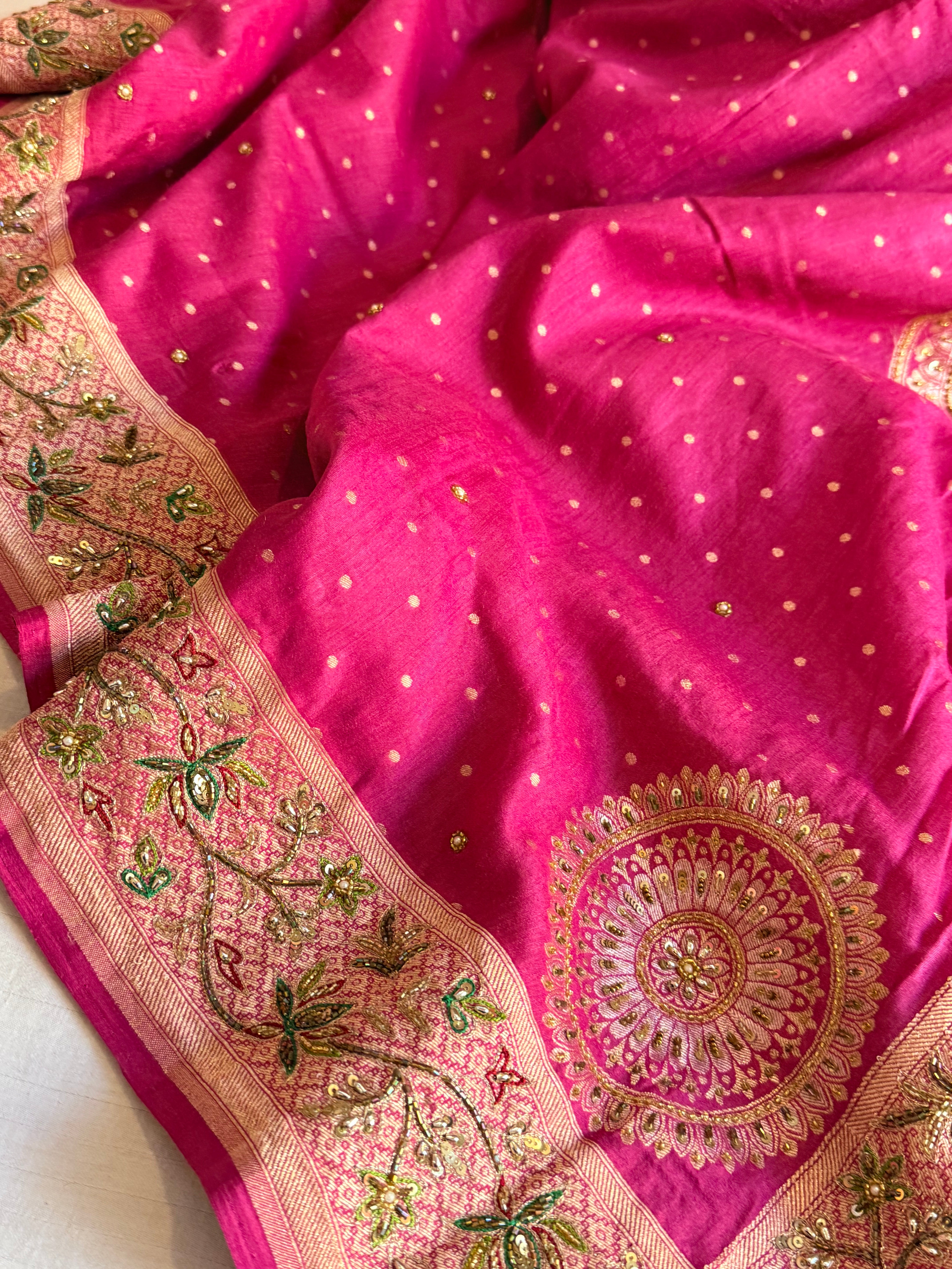 Banarasi moonga silk hand embroidered hot pink kadhwa saree