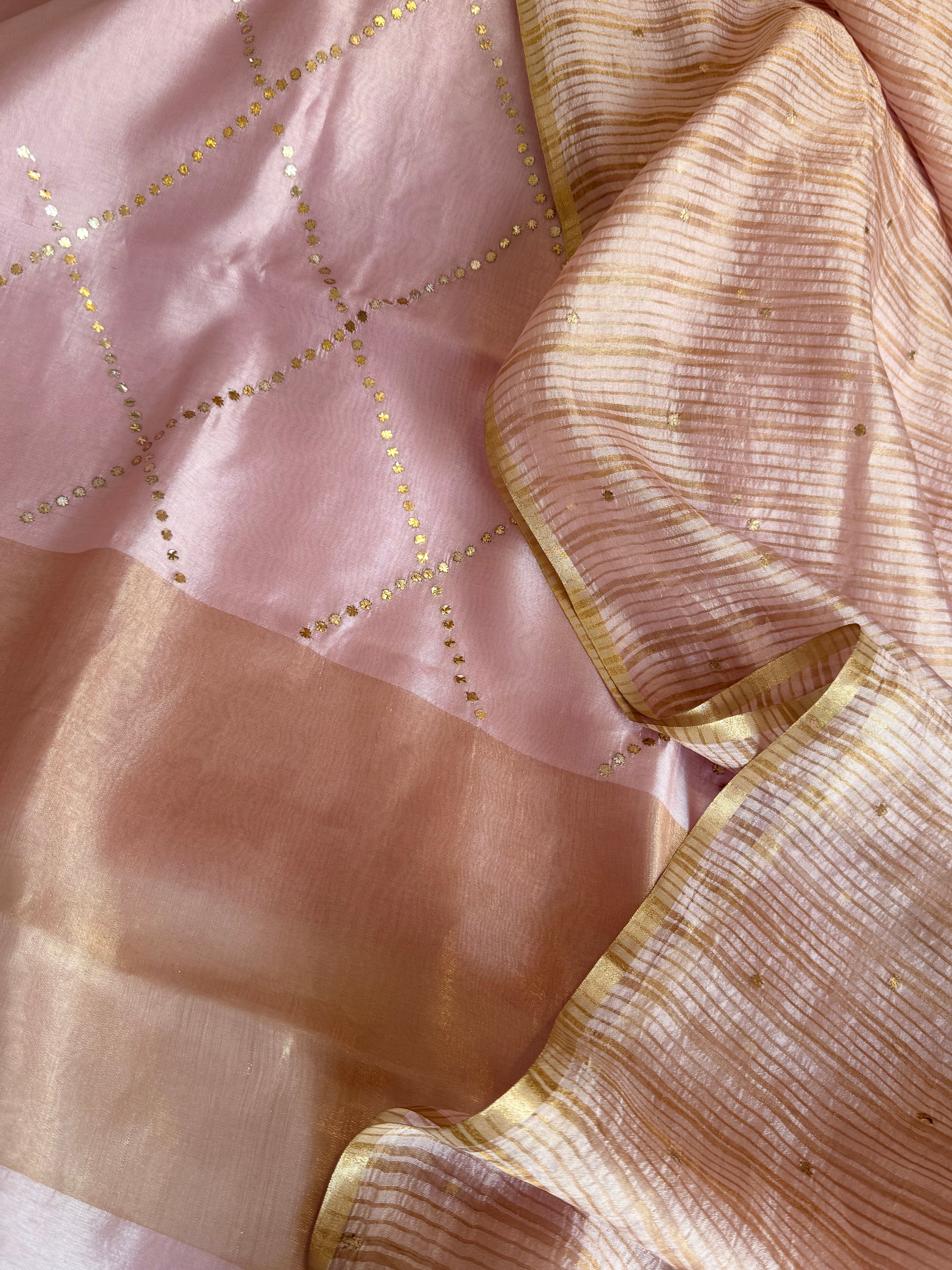 Summer suit edit - Spun chiniya silk mukaish work blush pink hand embroidered suit set
