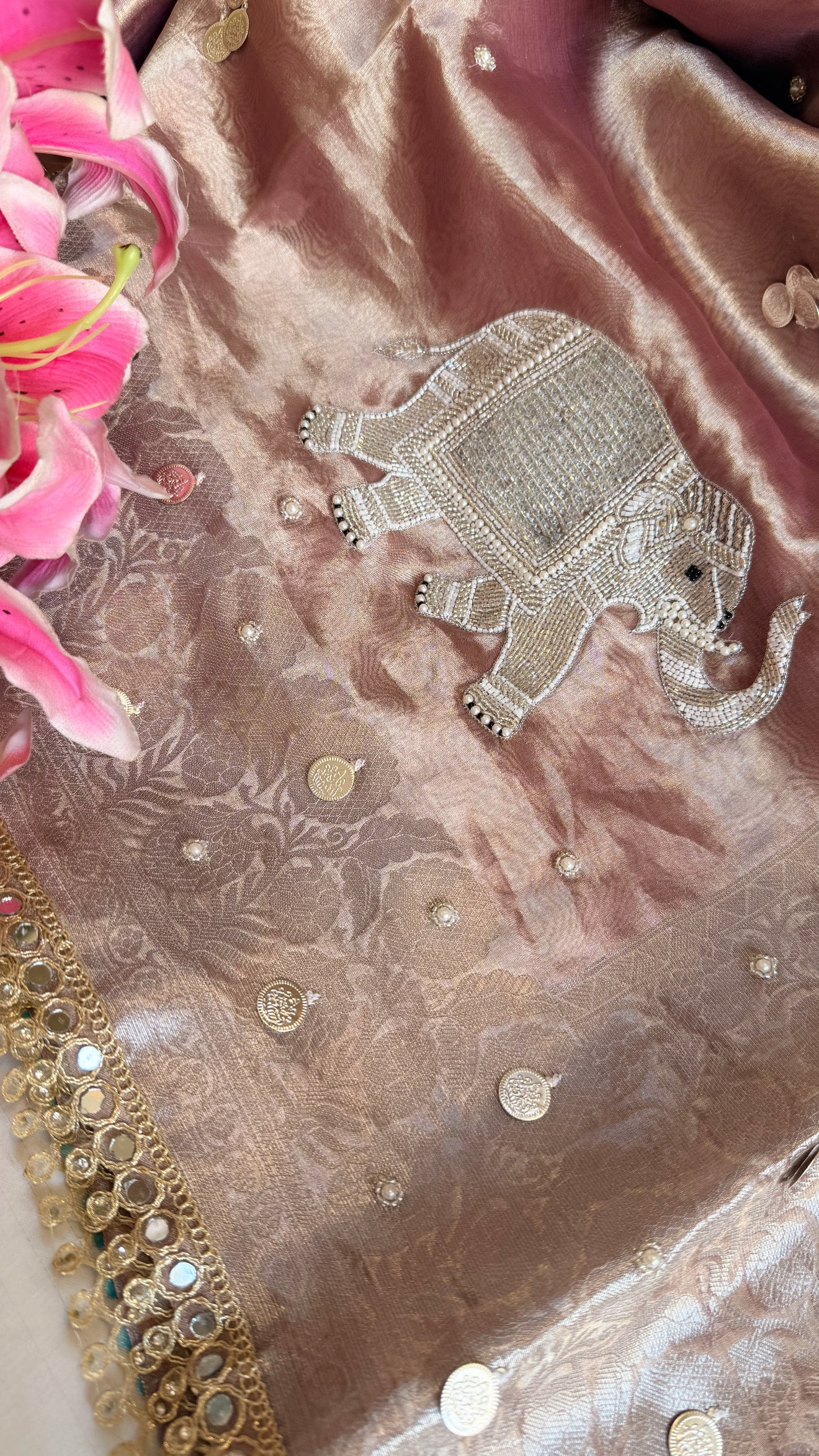 Gulabi jadau edit - Rose peach tissue silk jadau work hand embroidered saree