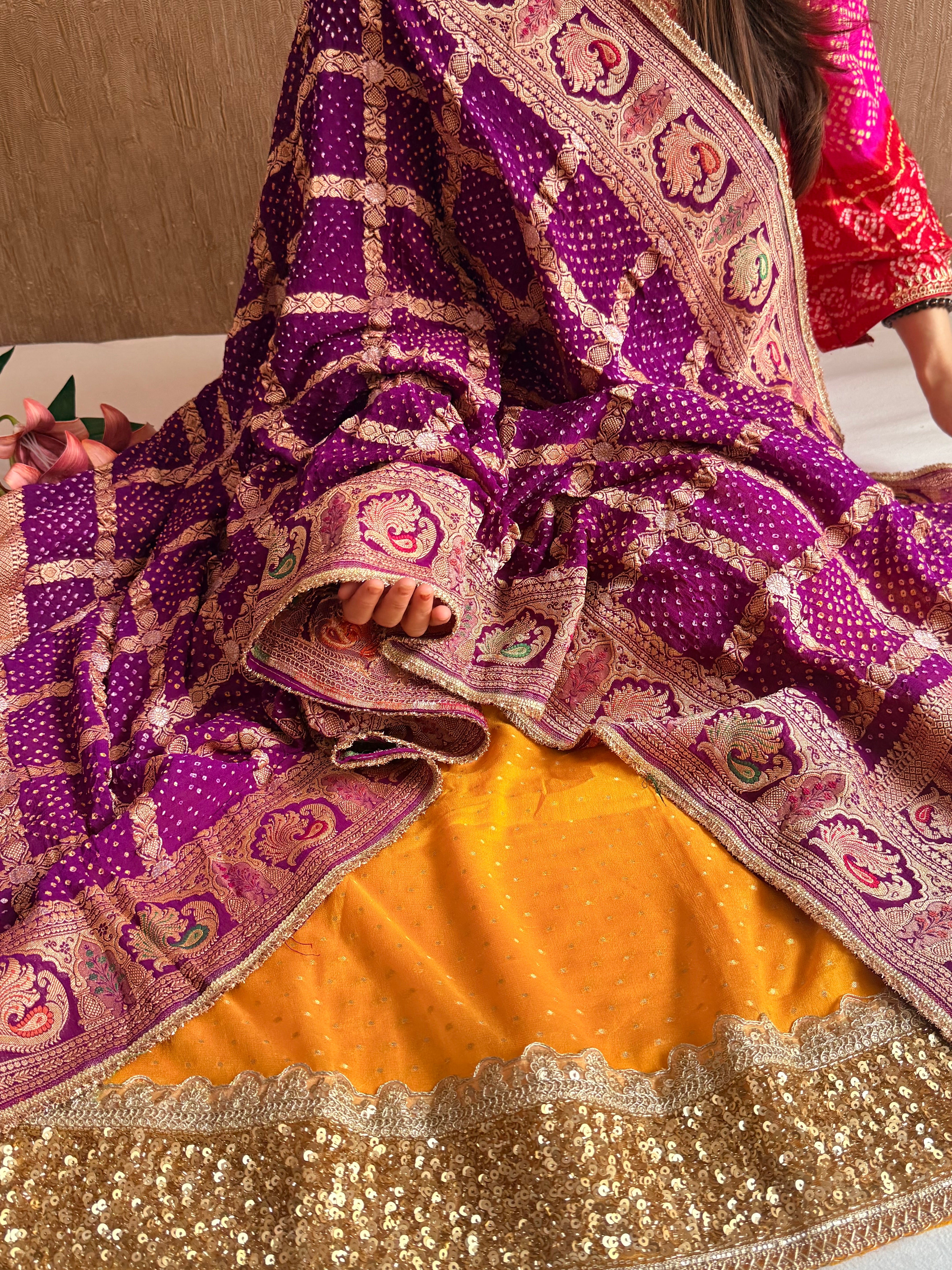 Rai bandhej chiffon gorgette sequin work hand embroidered suit set