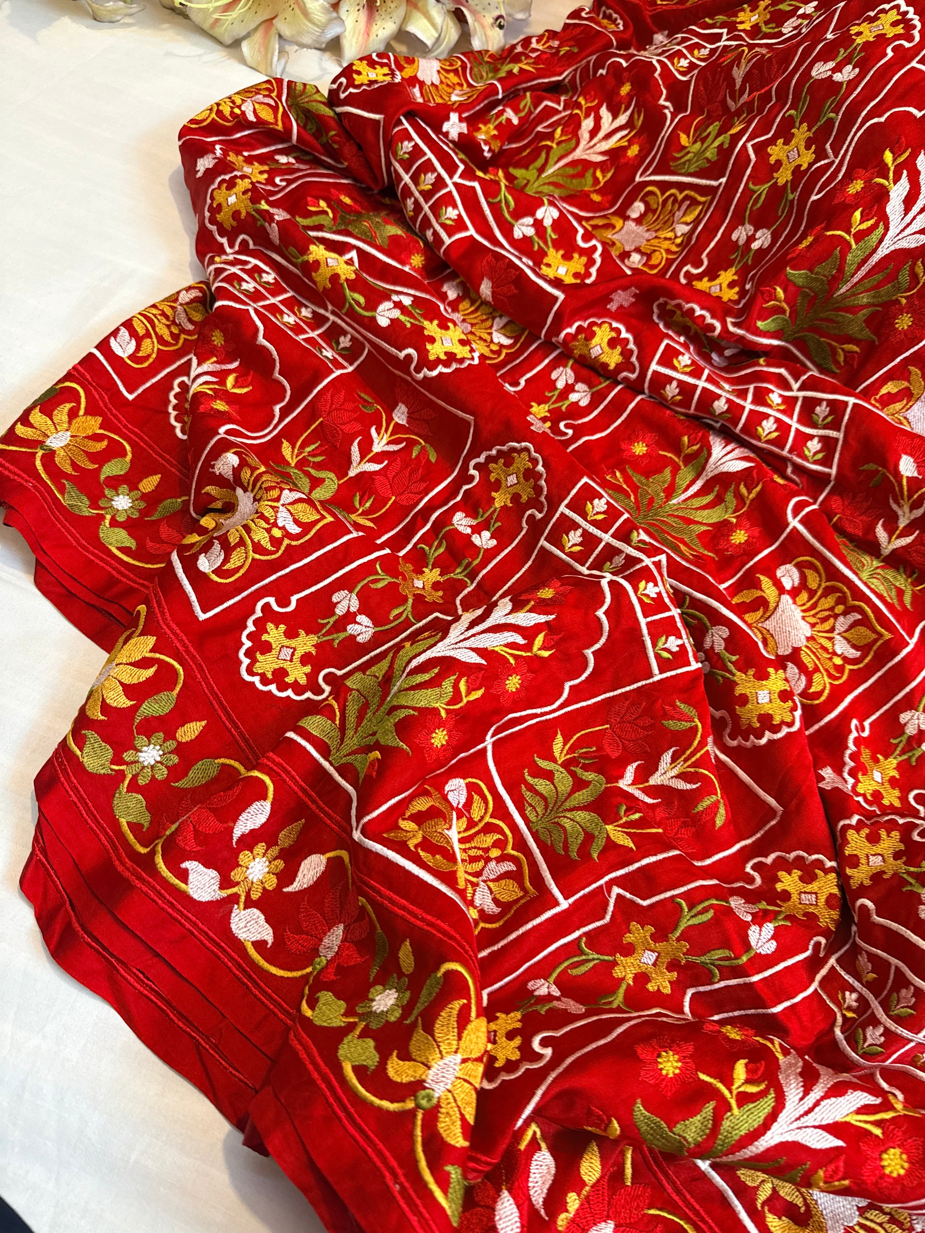Jamdani hand embroidered red mashru silk thread embroidered saree