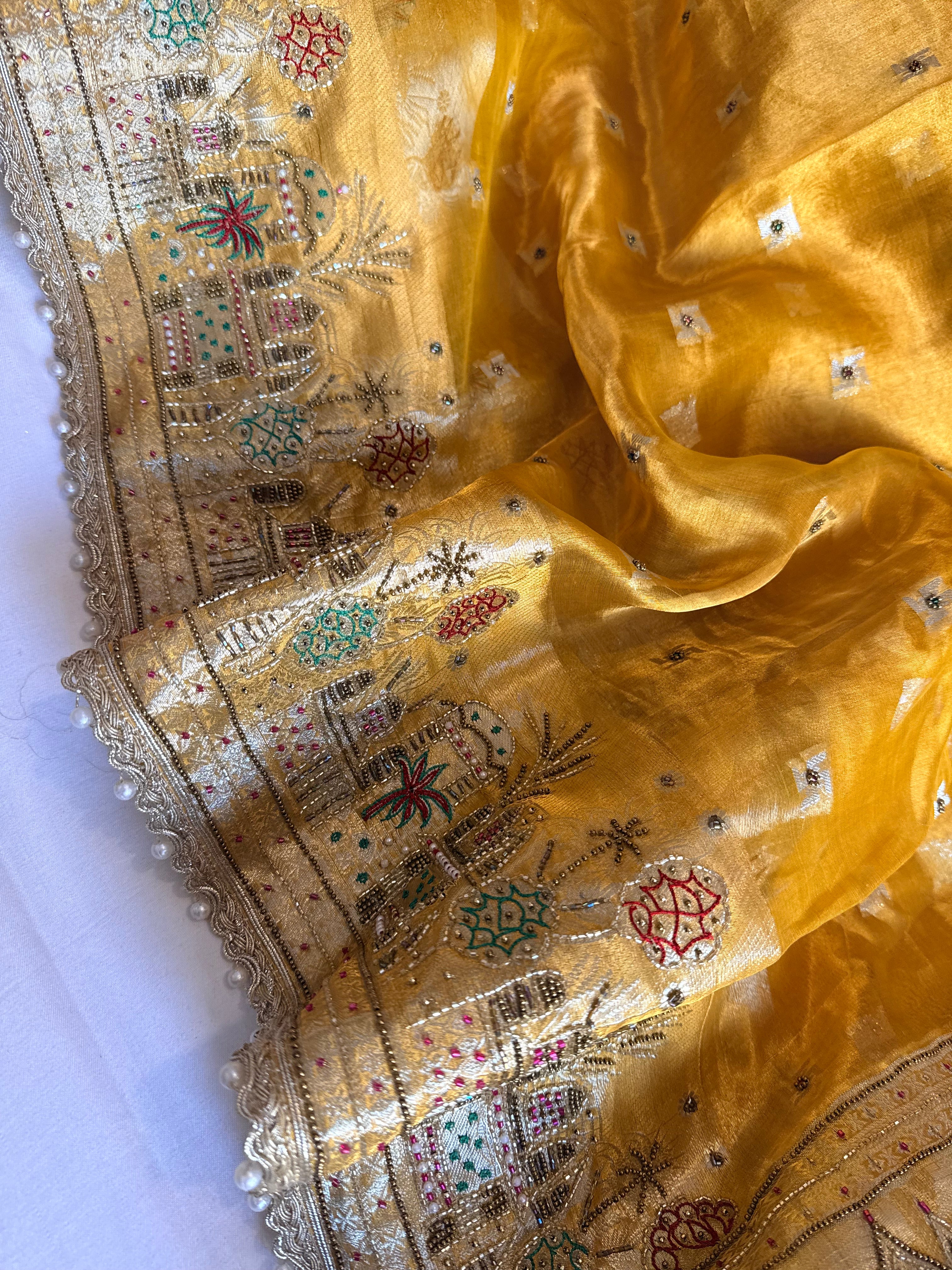 Ganga-darshan edit - Tissue silk kanjivaram yellow hand embroidered kadhwa saree