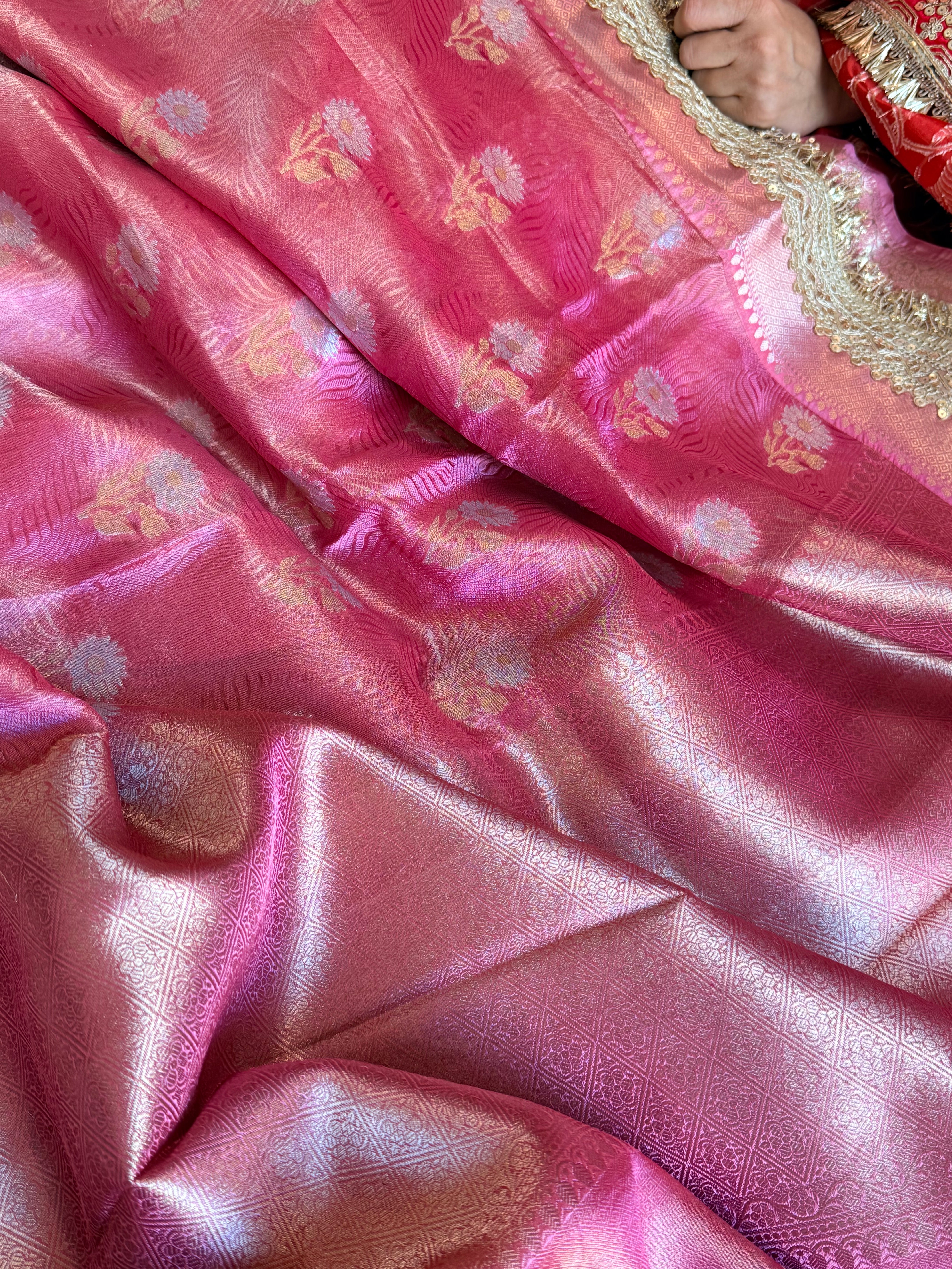 Strawberry pink tissue gorgette sona rupa buti kadhwa saree