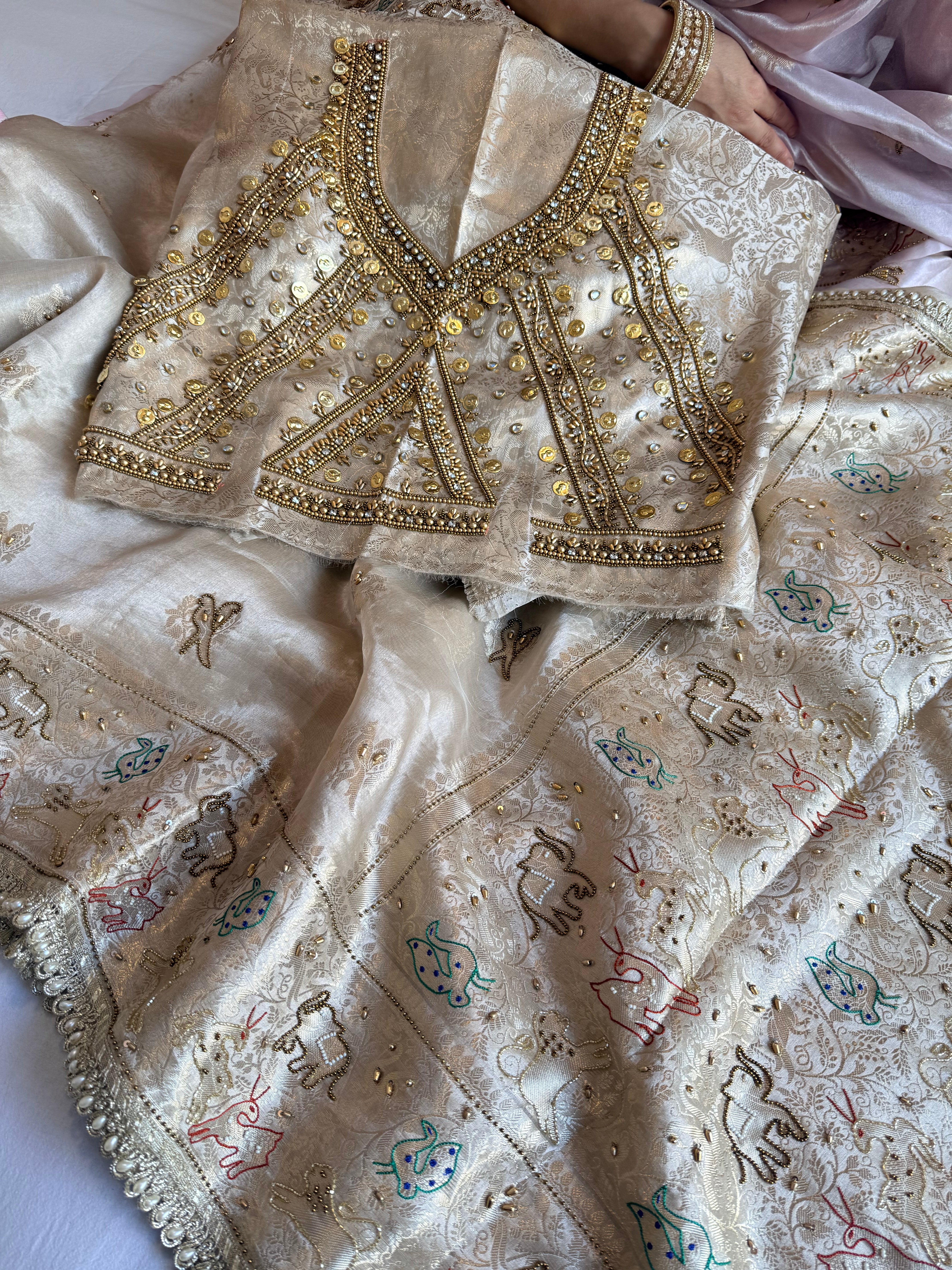 Vrindavan edit saree - Champagne gold diamond tissue silk hand embroidered jadau work saree