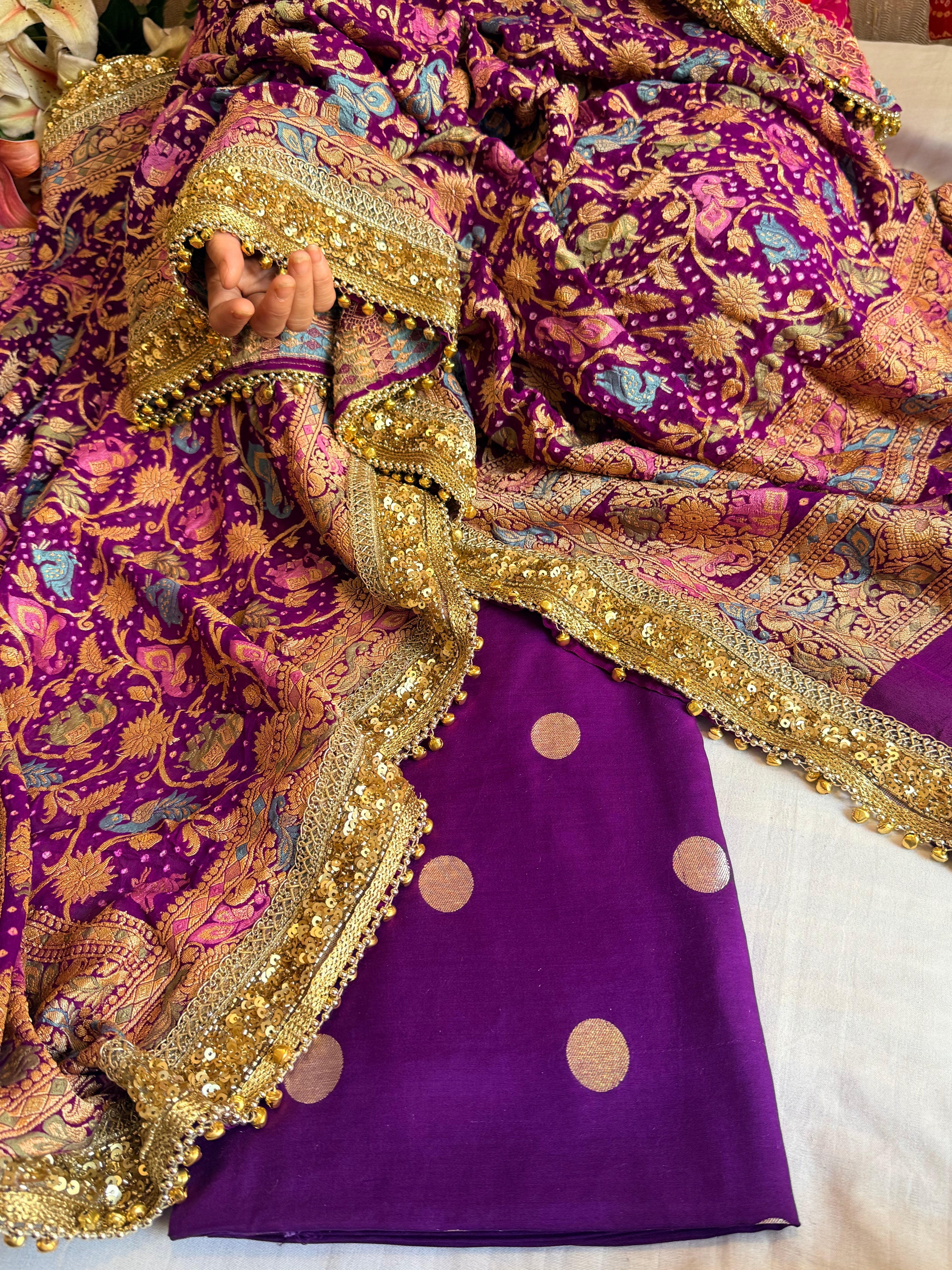 Banarasi bandhej purple ghungroo and sequin work chiffon gorgette kadhwa suit set