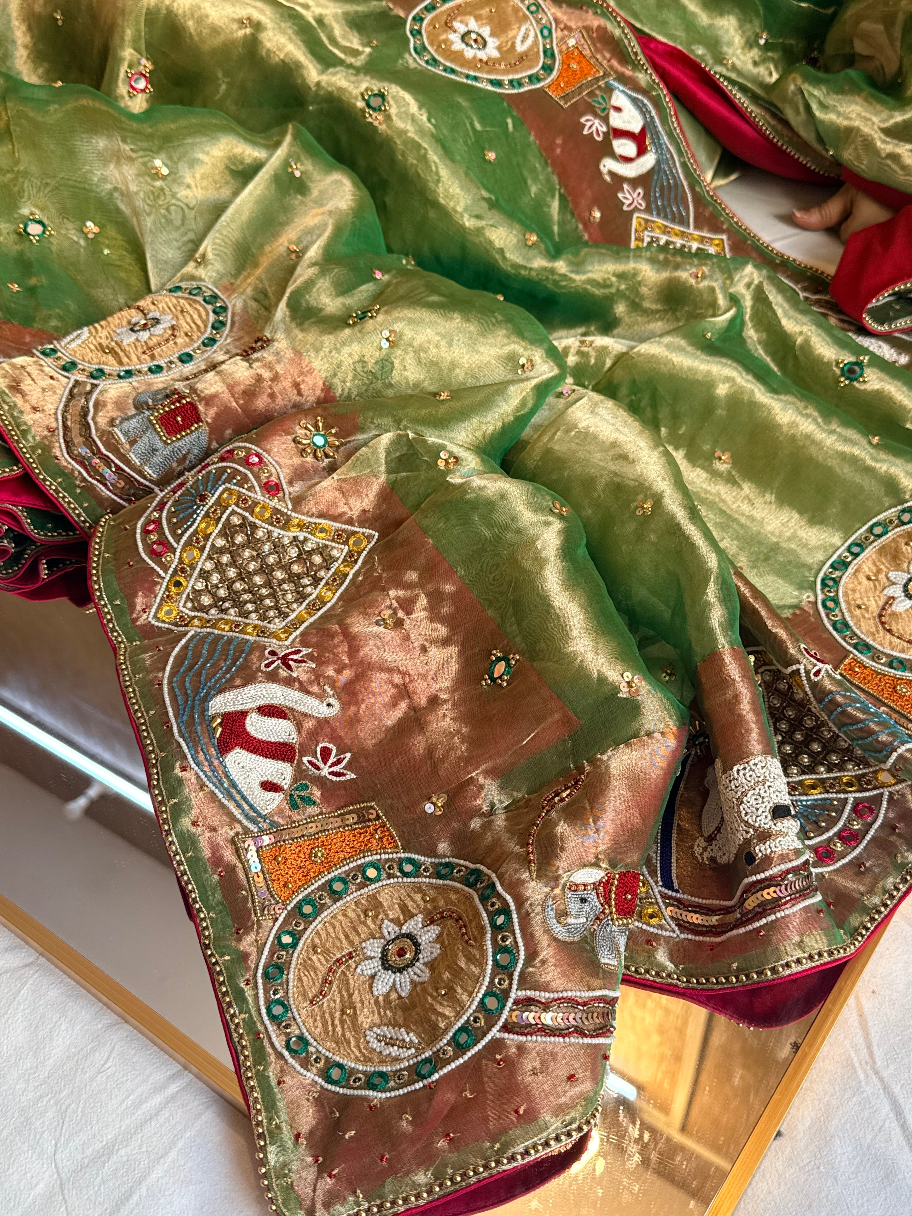 Godbharai wali saree - Emerald green diamond tissue silk hand embroidered saree