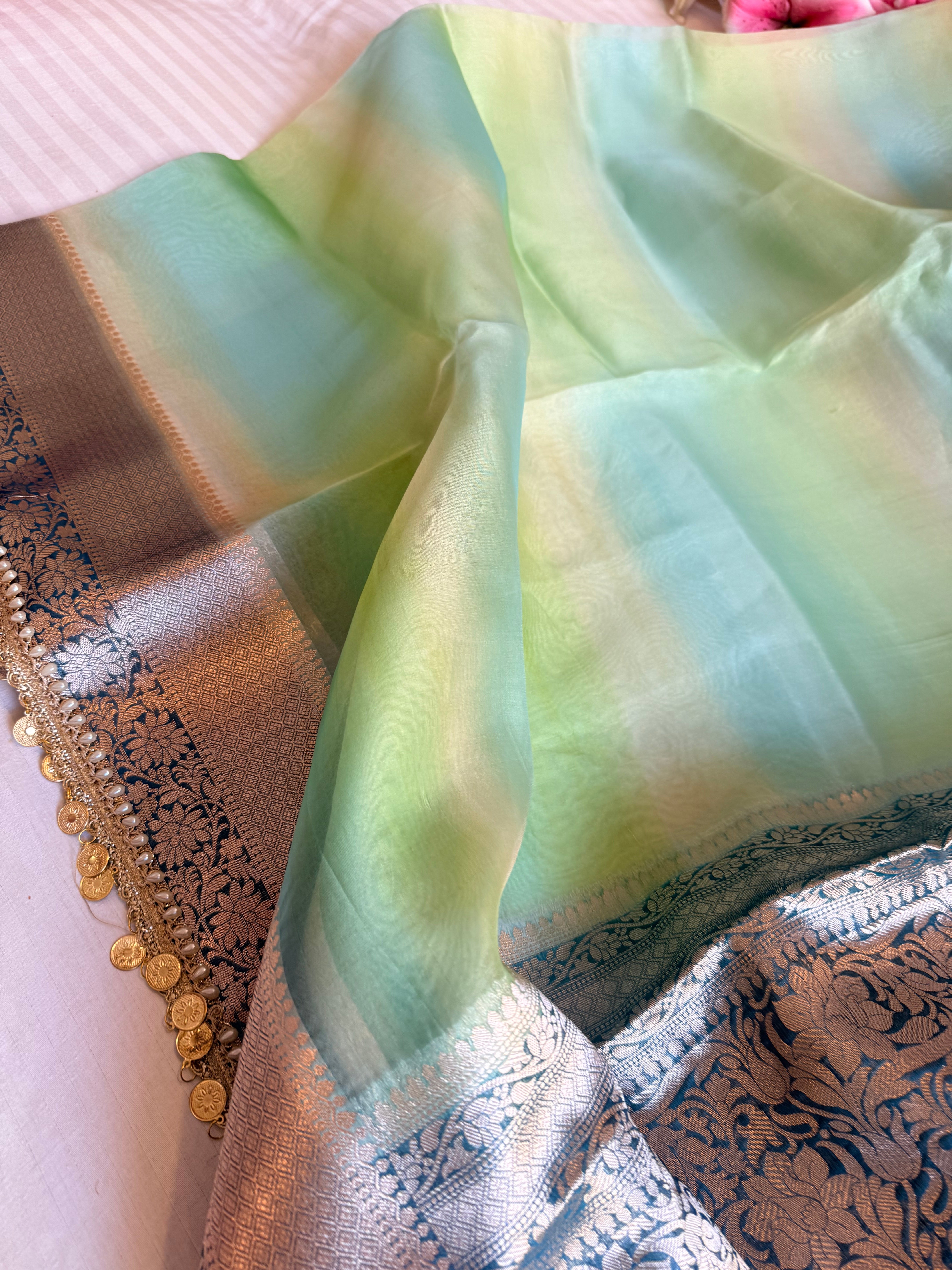Banarasi kora silk rainbow dyed kadhwa saree with gotapatti work