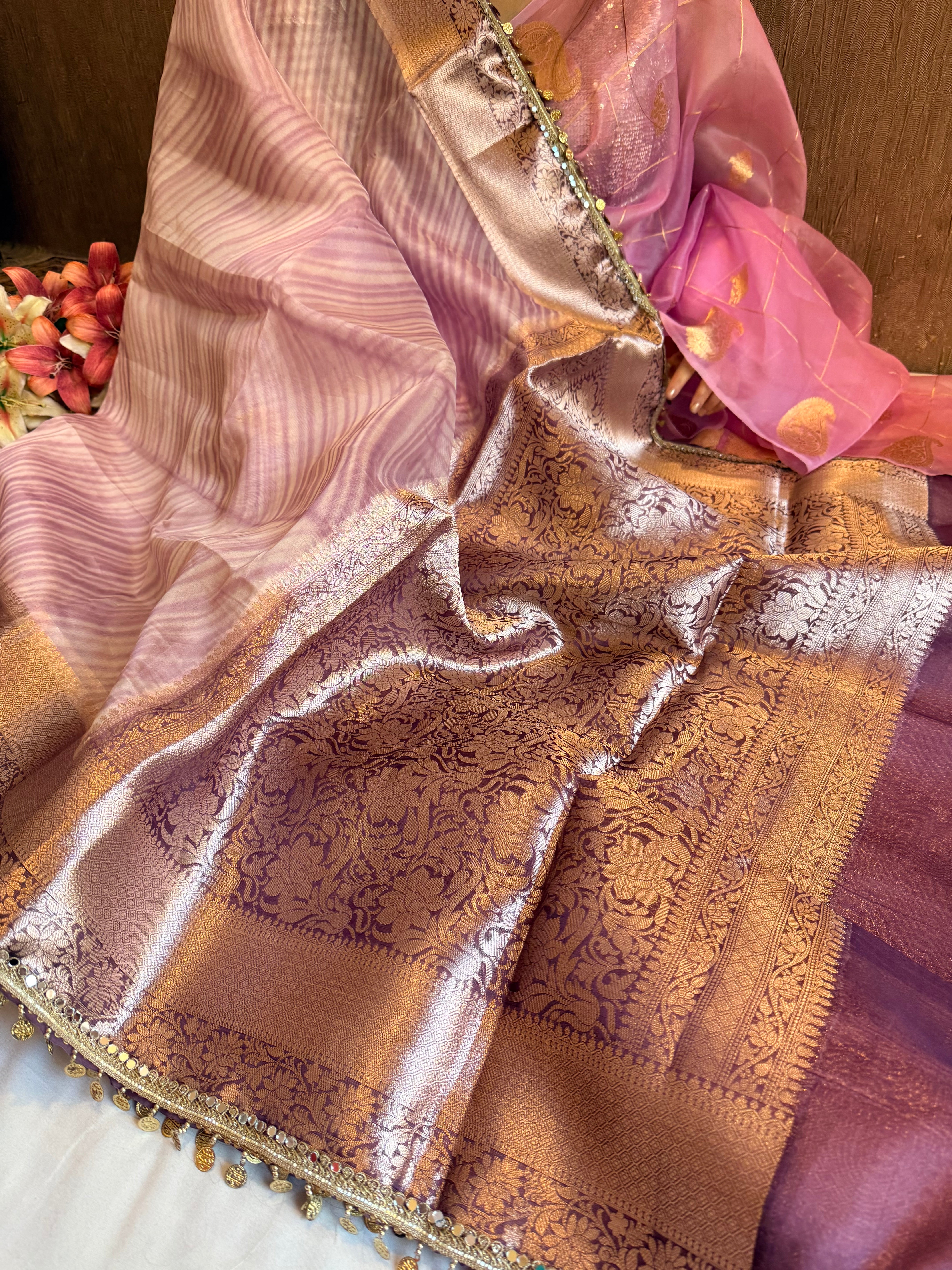 Rainbow dyed kora silk kadhwa border handloom saree