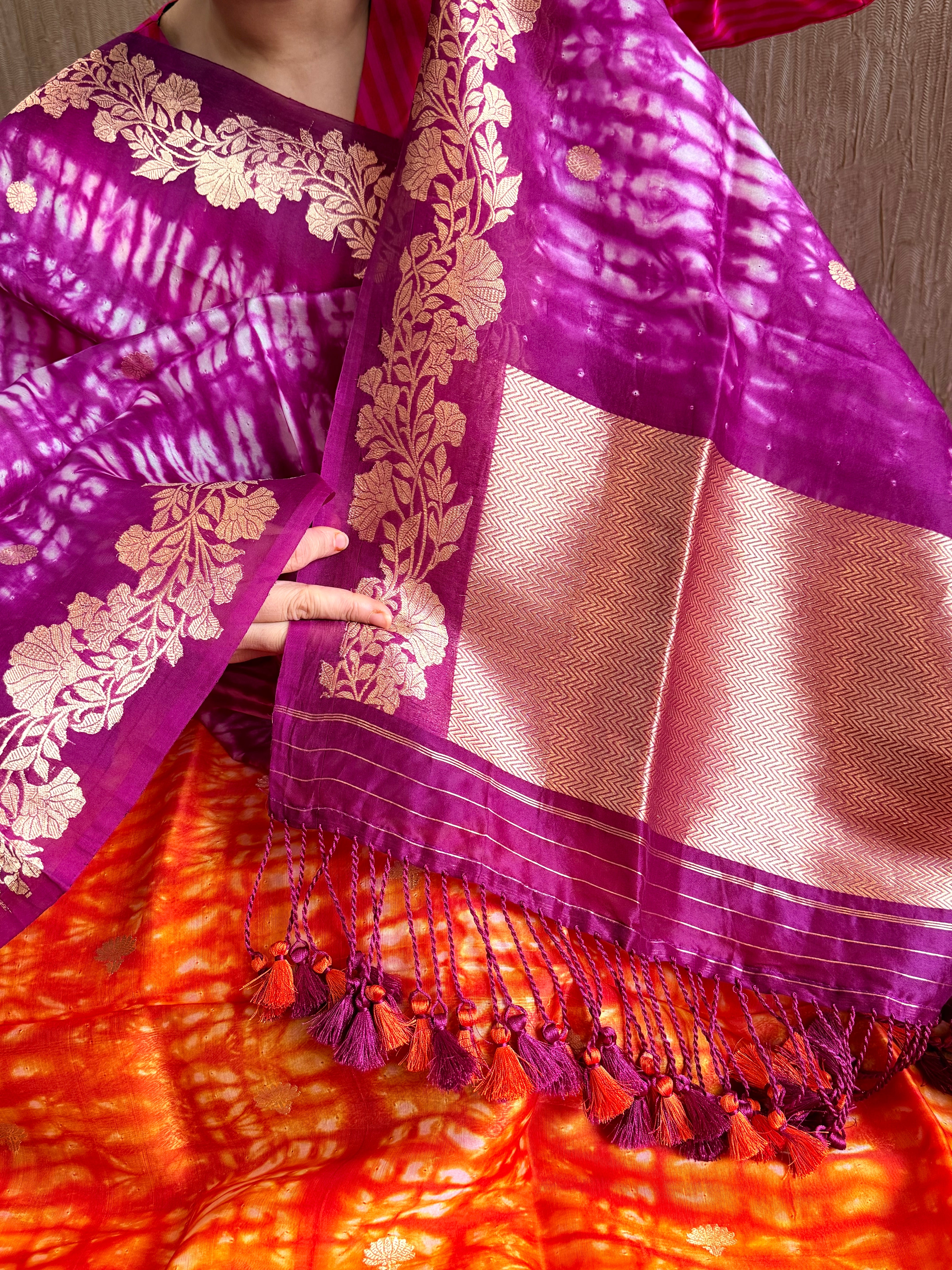 Purple - orange banarasi blue kora silk shibori dye kadhwa suit set