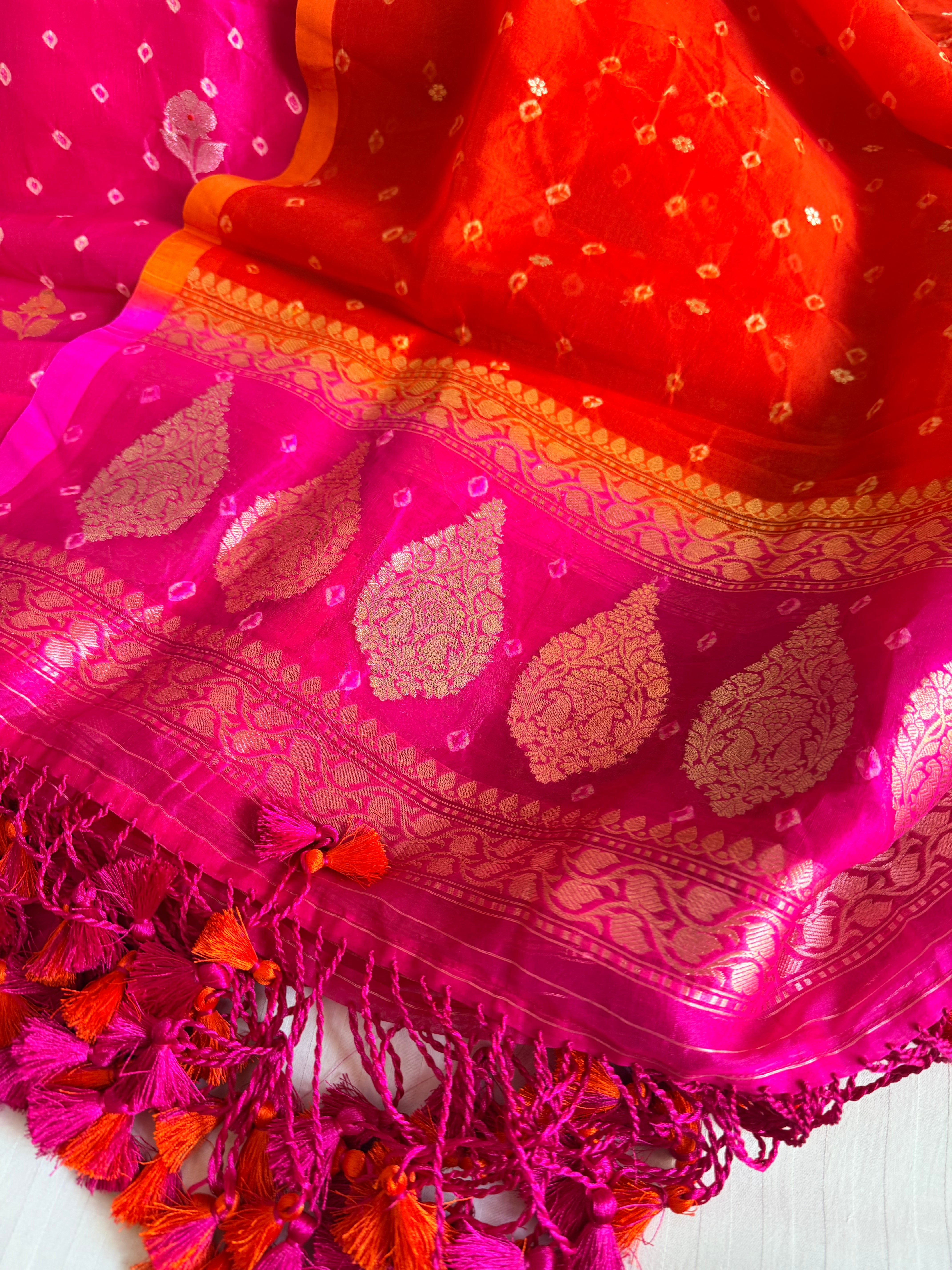 Bandhej dye banarasi kora silk rani-orange kadhwa buti suit set