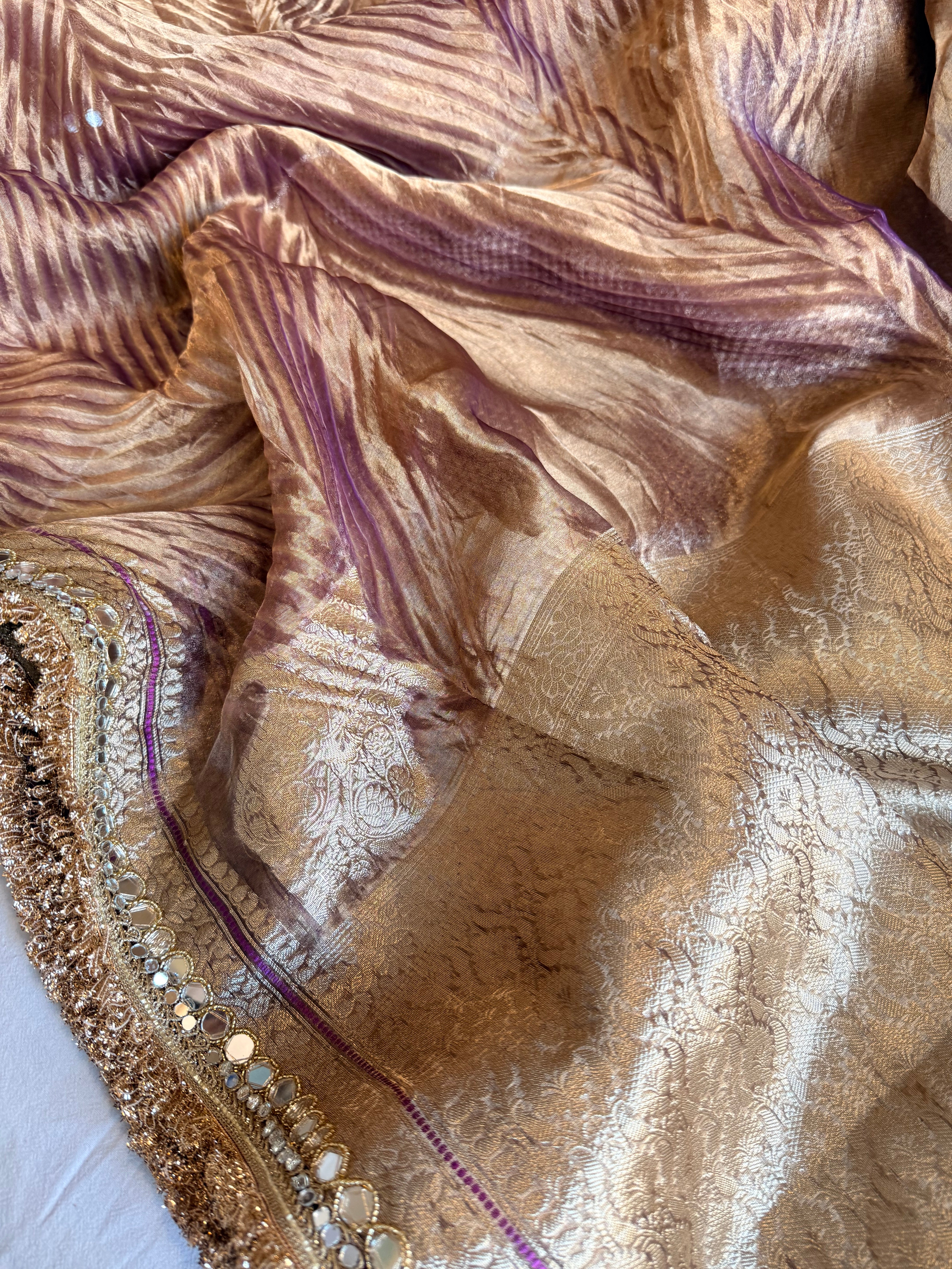 Lilac tissue silk arshi dyed mirrorwork hand embroidered kadhwa saree