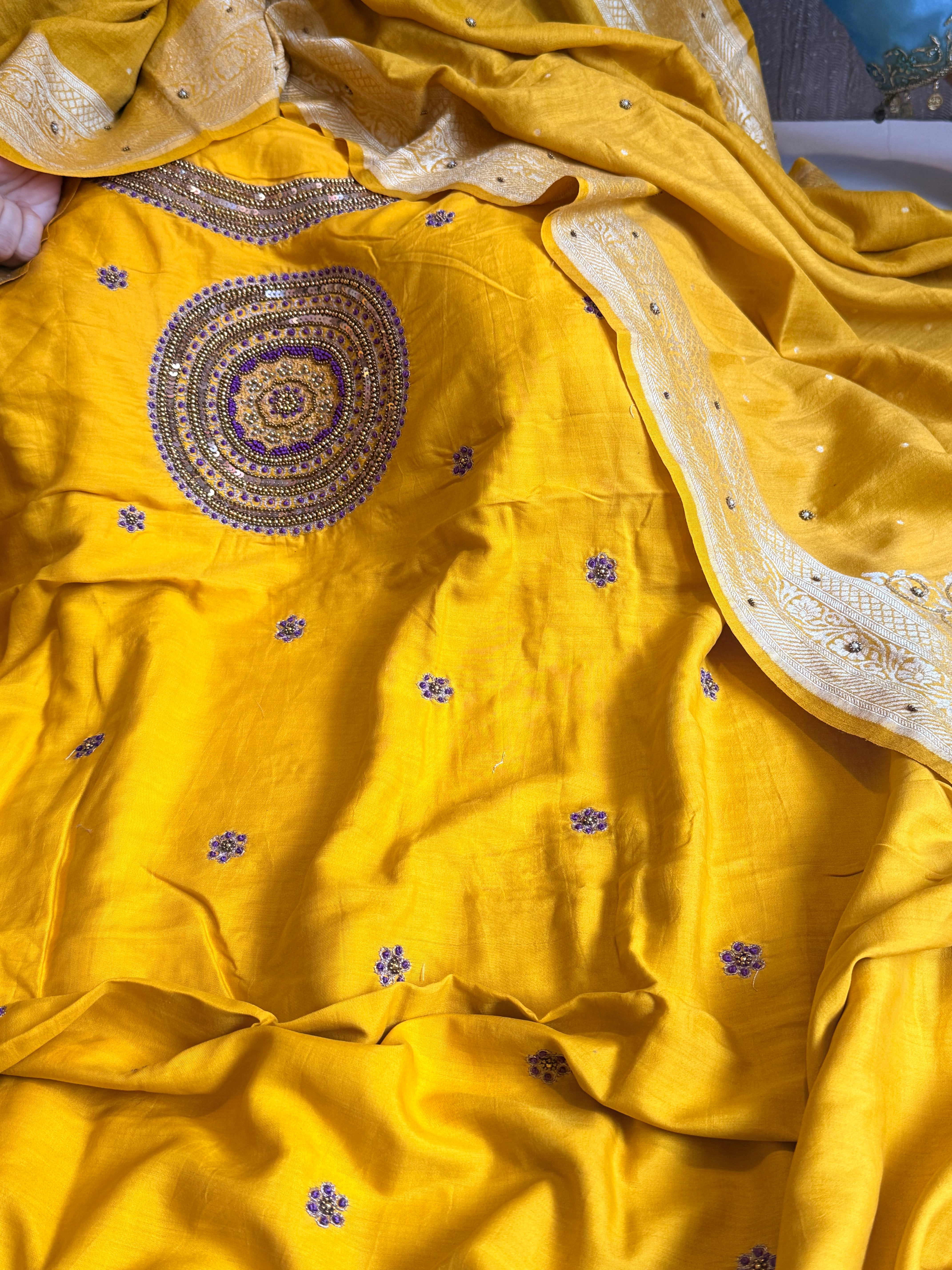 Haldi yellow spun chiniya silk hand embroidered mandala work suit set