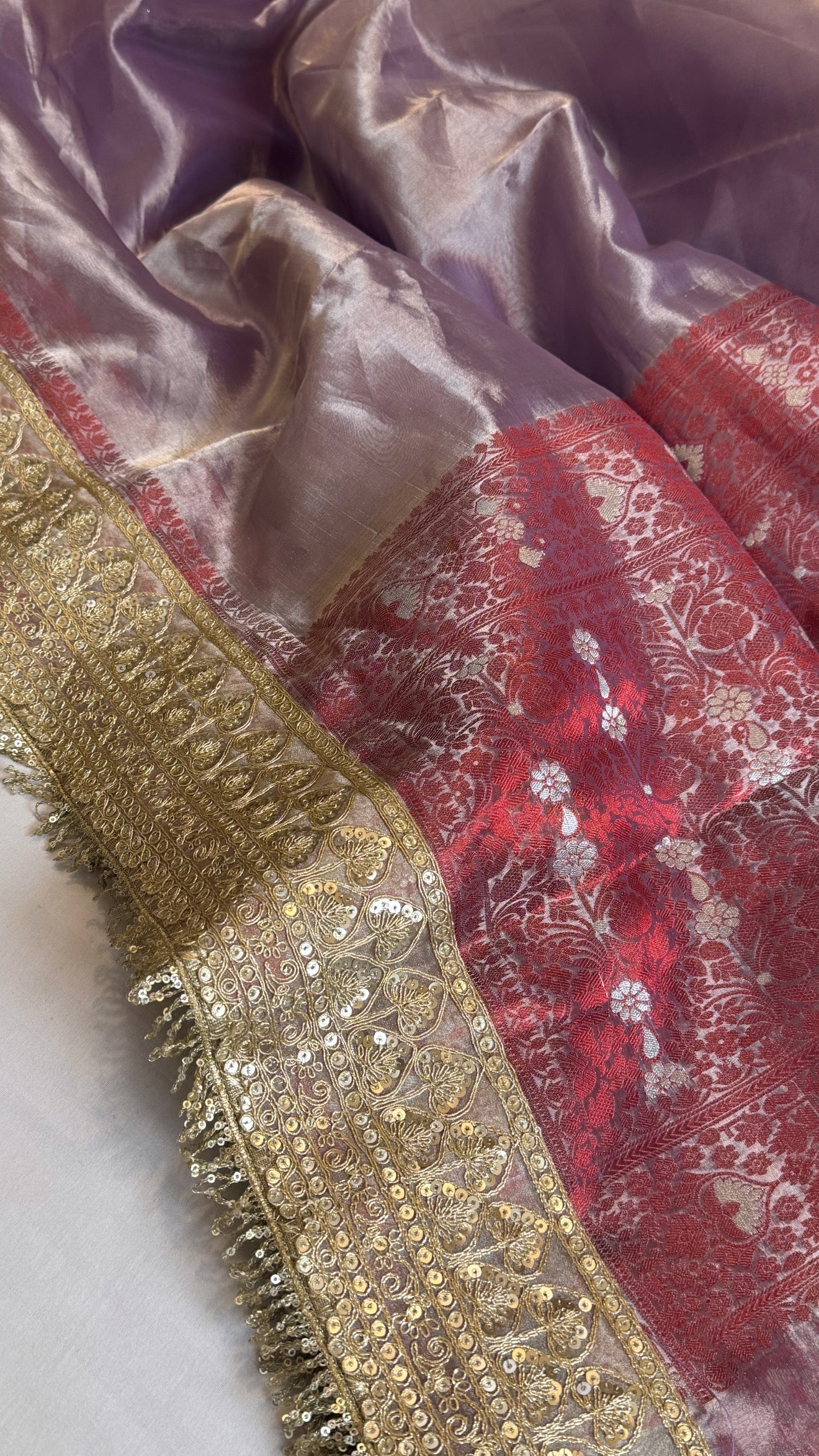 Maharani dreamy lavender tissue silk kadhwa meenakari saree