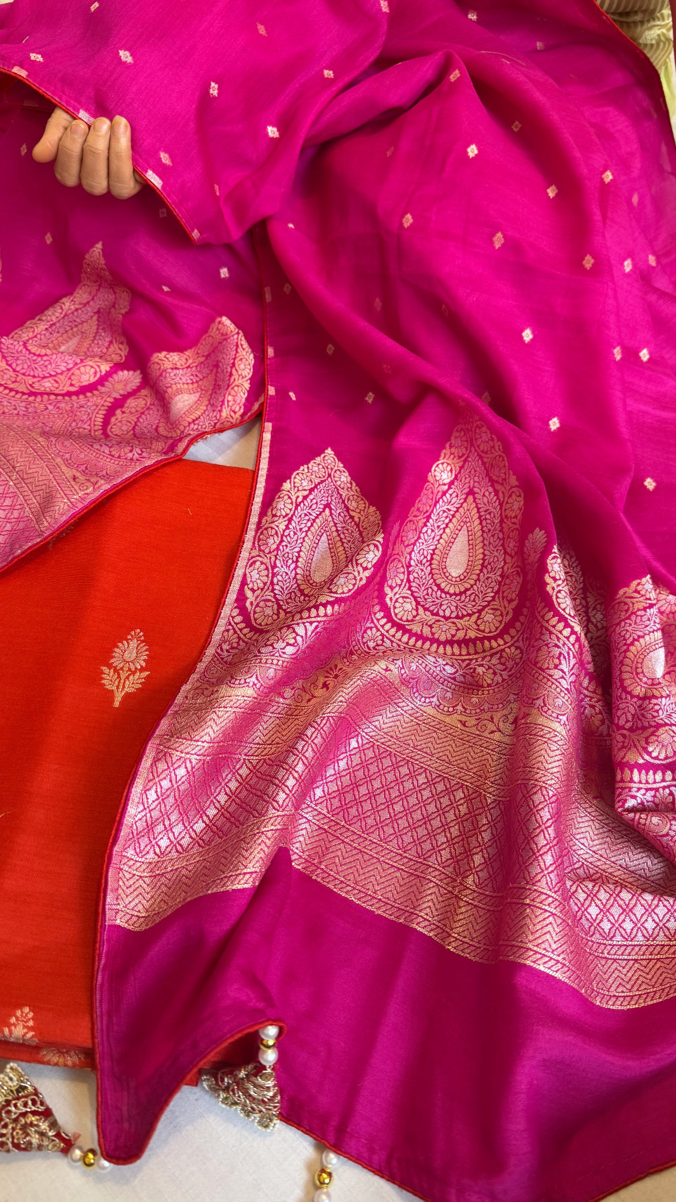 Moonga silk fanta orange - hot pink kadhwa suit set with latkans