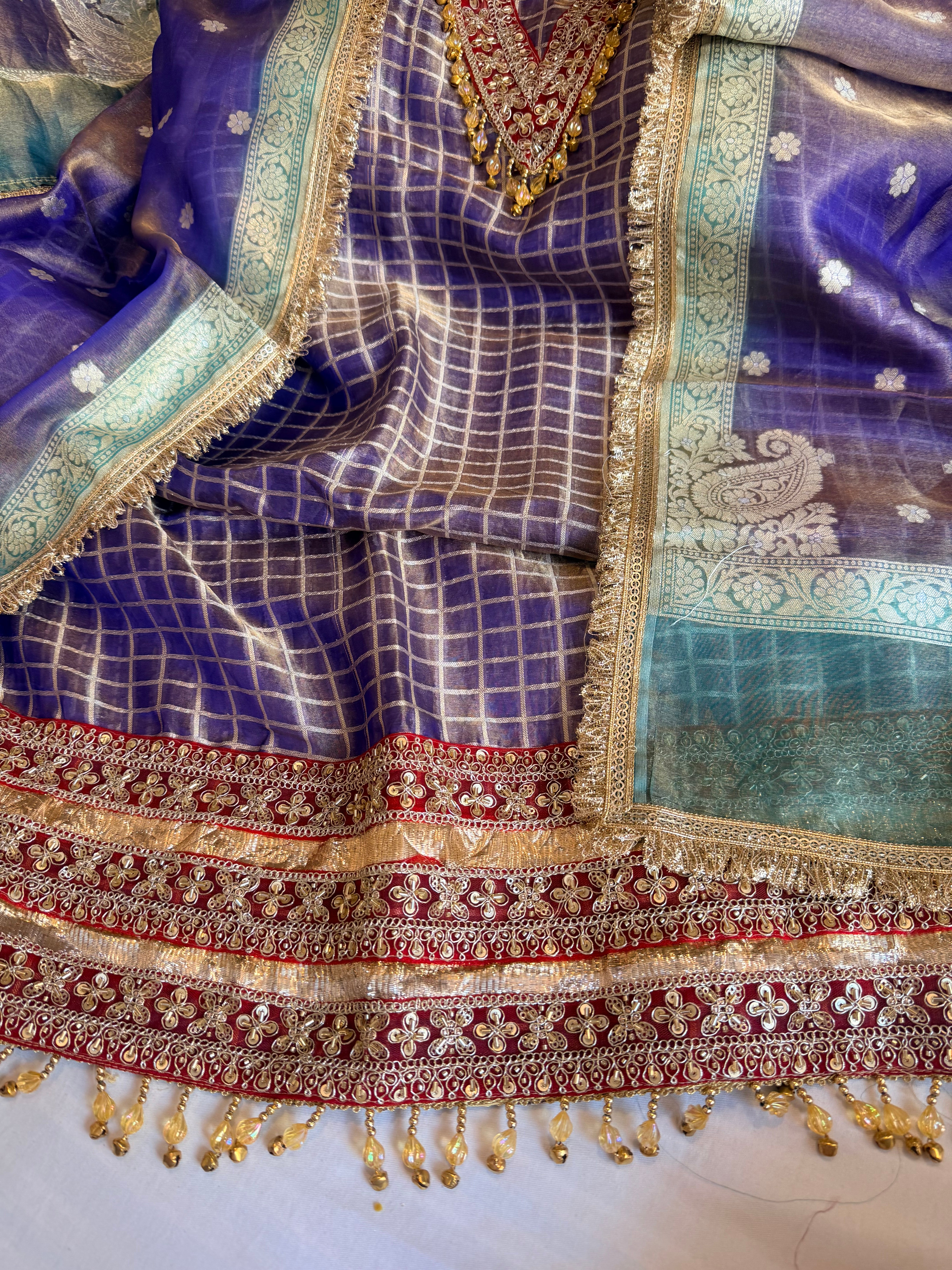 Banarasi tissue silk lampiwork chap dye hand embroidered embellished suit set