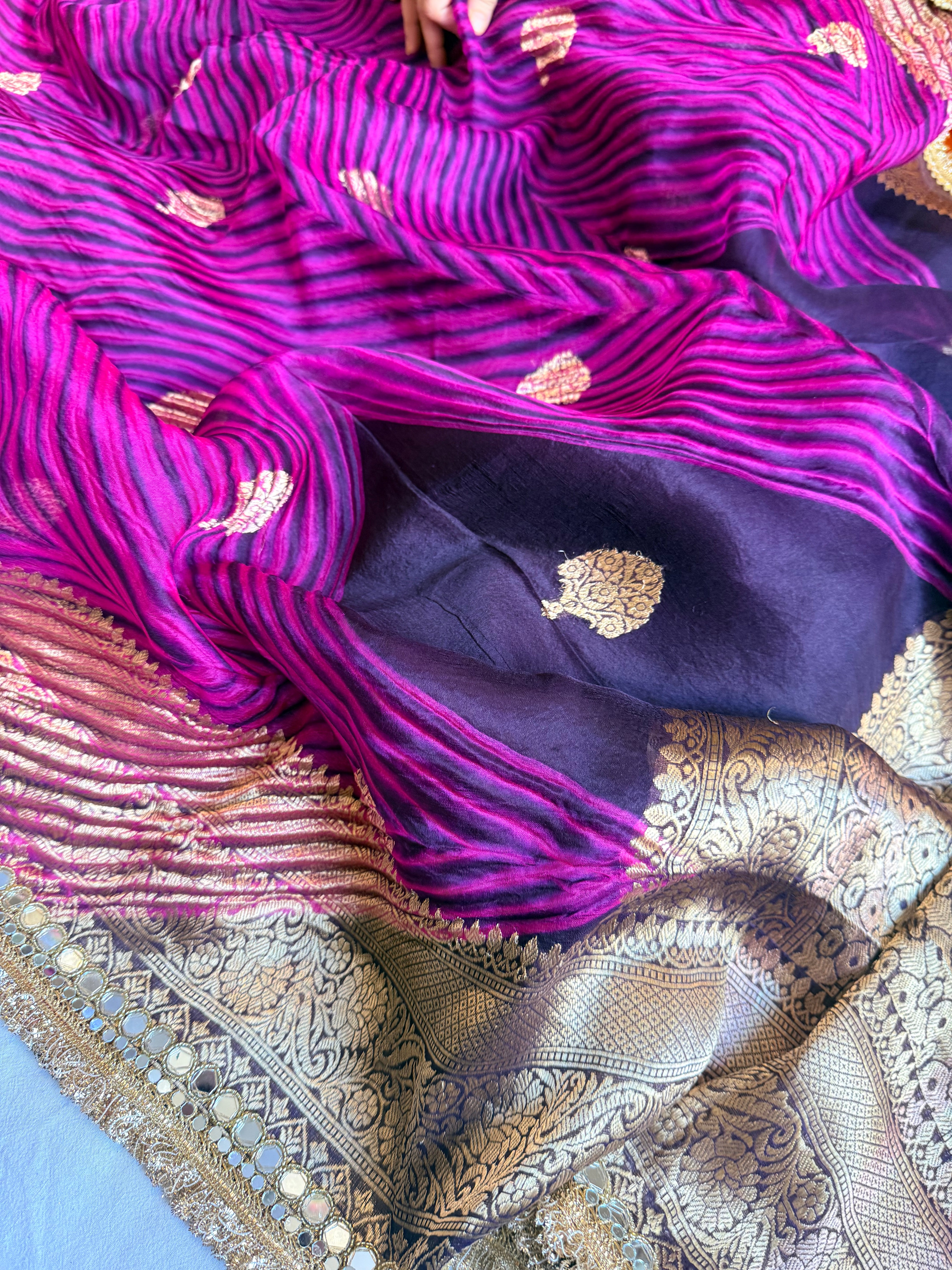 Jamuni gulab banarasi kora silk arshi dyed mirrorwork kadhwa saree