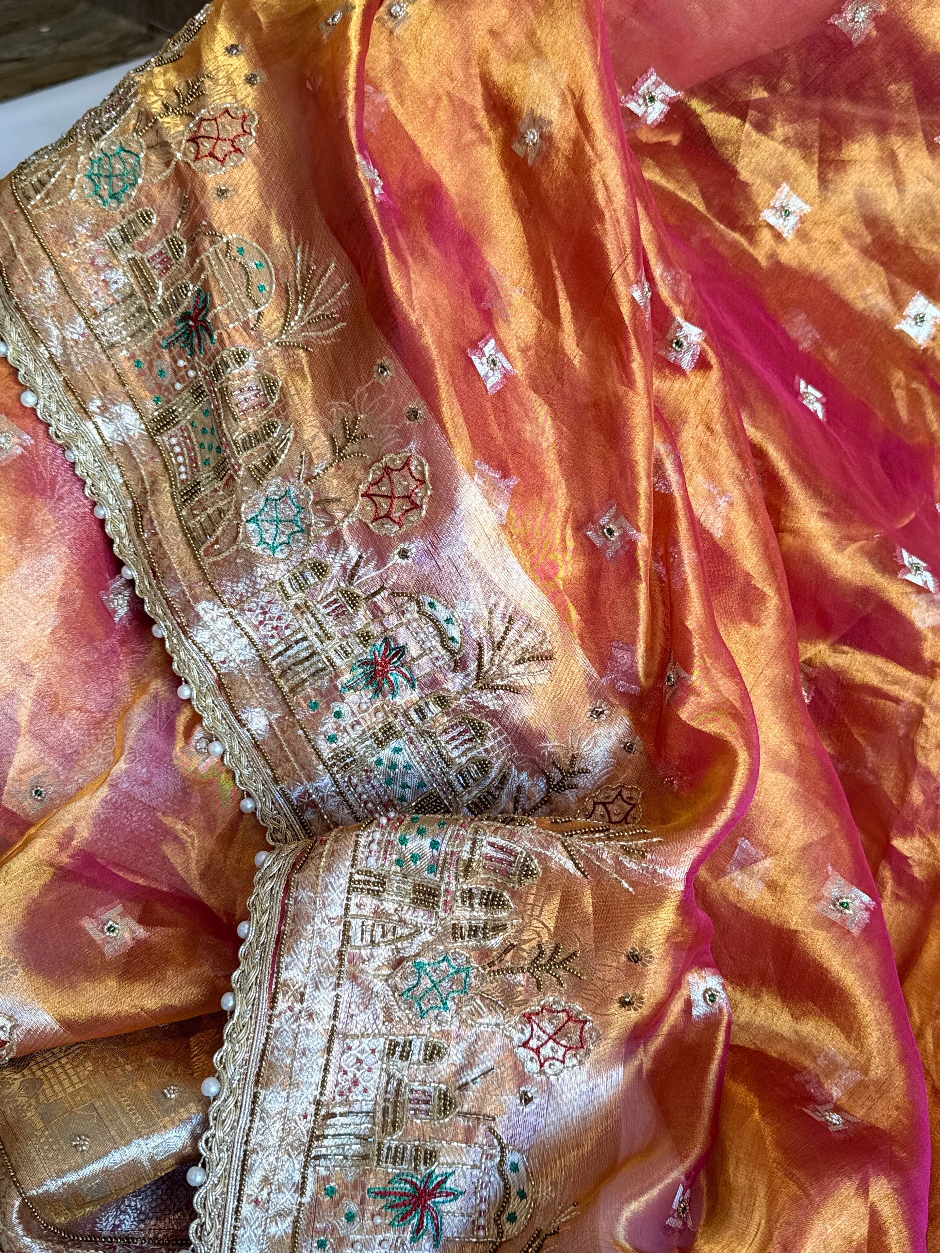 Ganga-darshan edit - Tissue silk kanjivaram cherry pink hand embroidered kadhwa saree