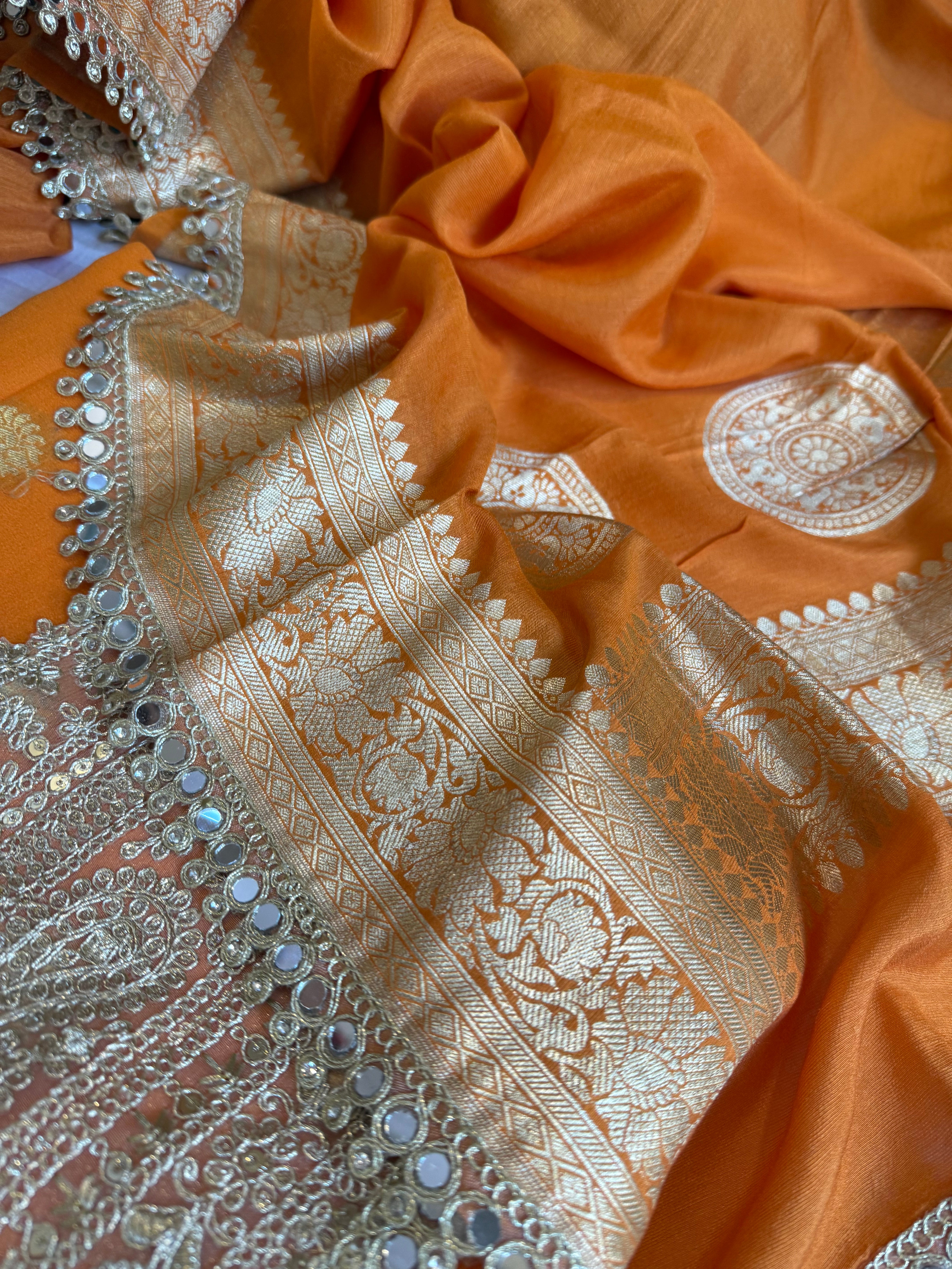 Banarasi mango shade gorgette kadhwa mirror work gotapatti suit set
