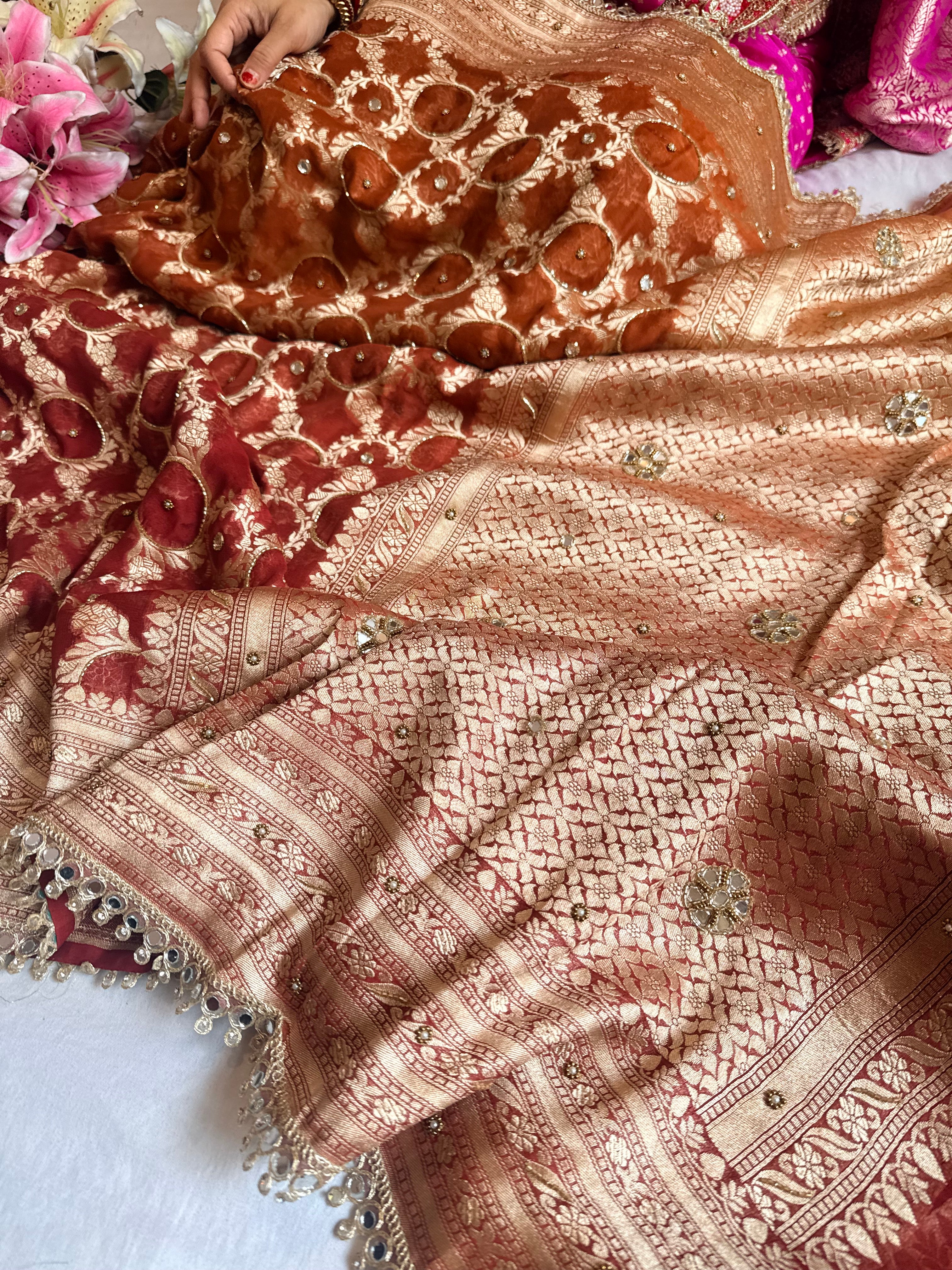 Chiffon gorgette rust red ombre shaded hand embroidered kadhwa saree