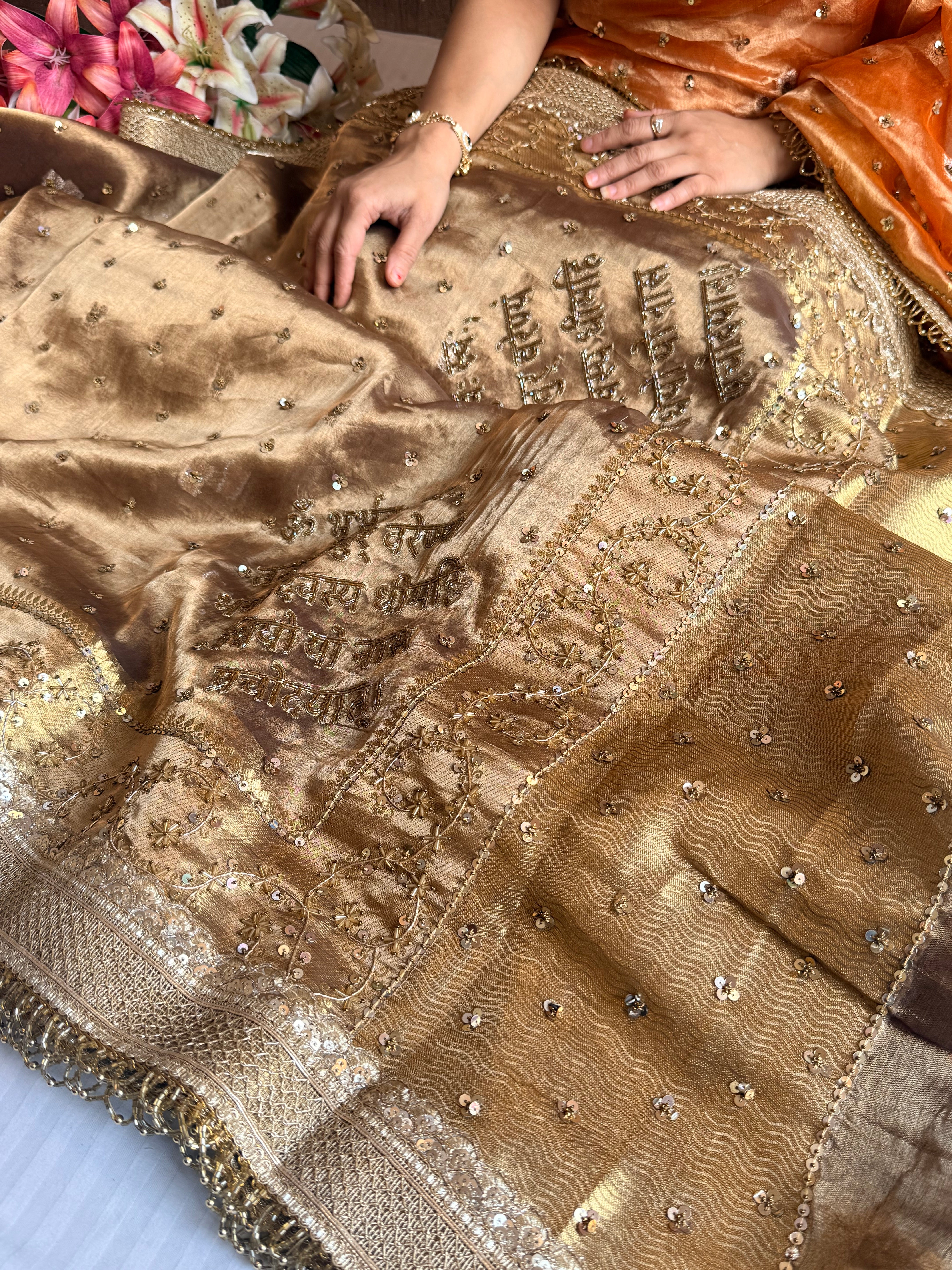 Salma-sitara molten antique gold tissue silk gayatri mantra hand embroidered saree