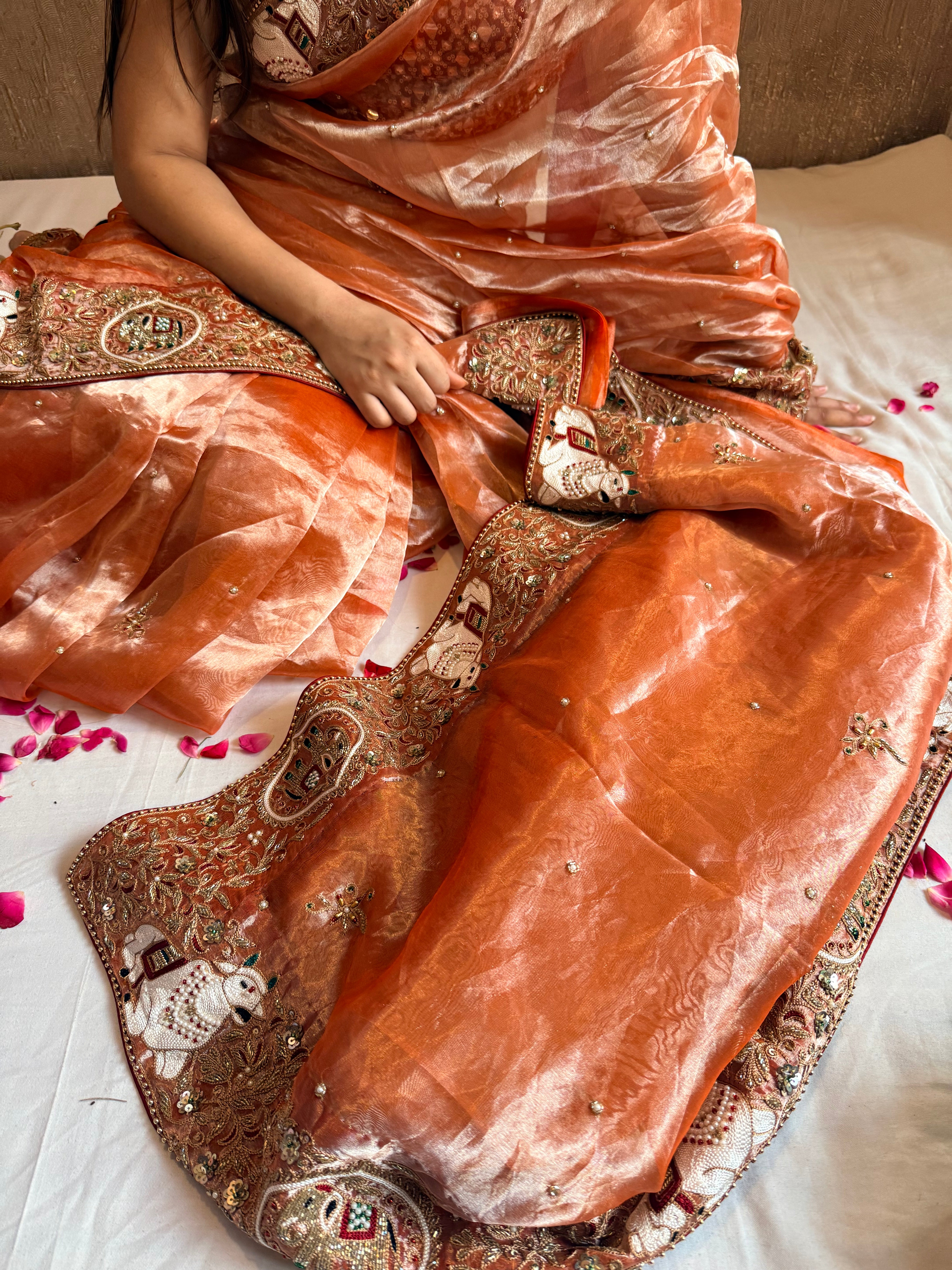 Chandramukhi edit - Fanta orange diamond tissue silk hand embroidered saree