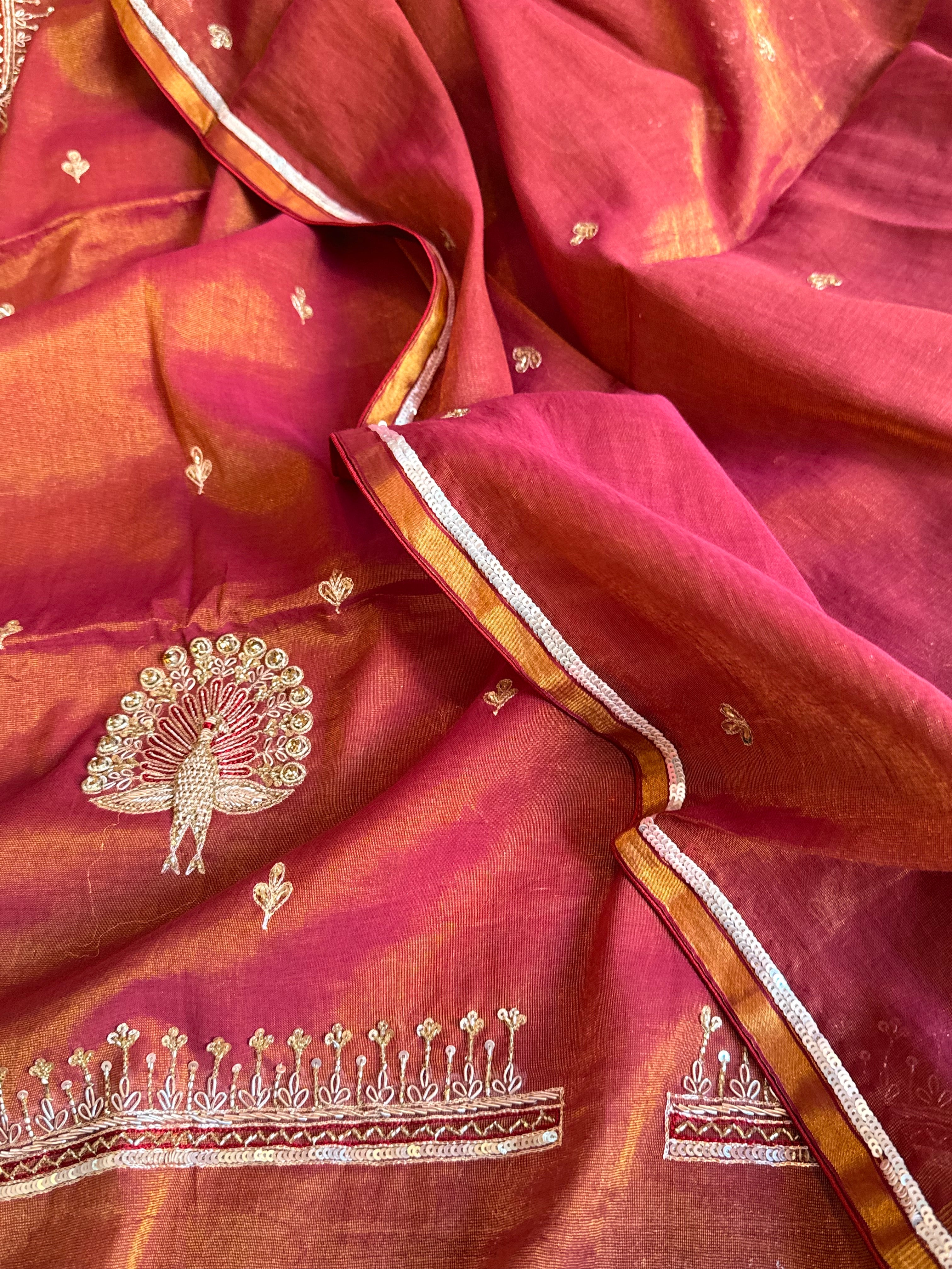 Rani pink mul cotton tissue silk hand embroidered kadhwa suit set