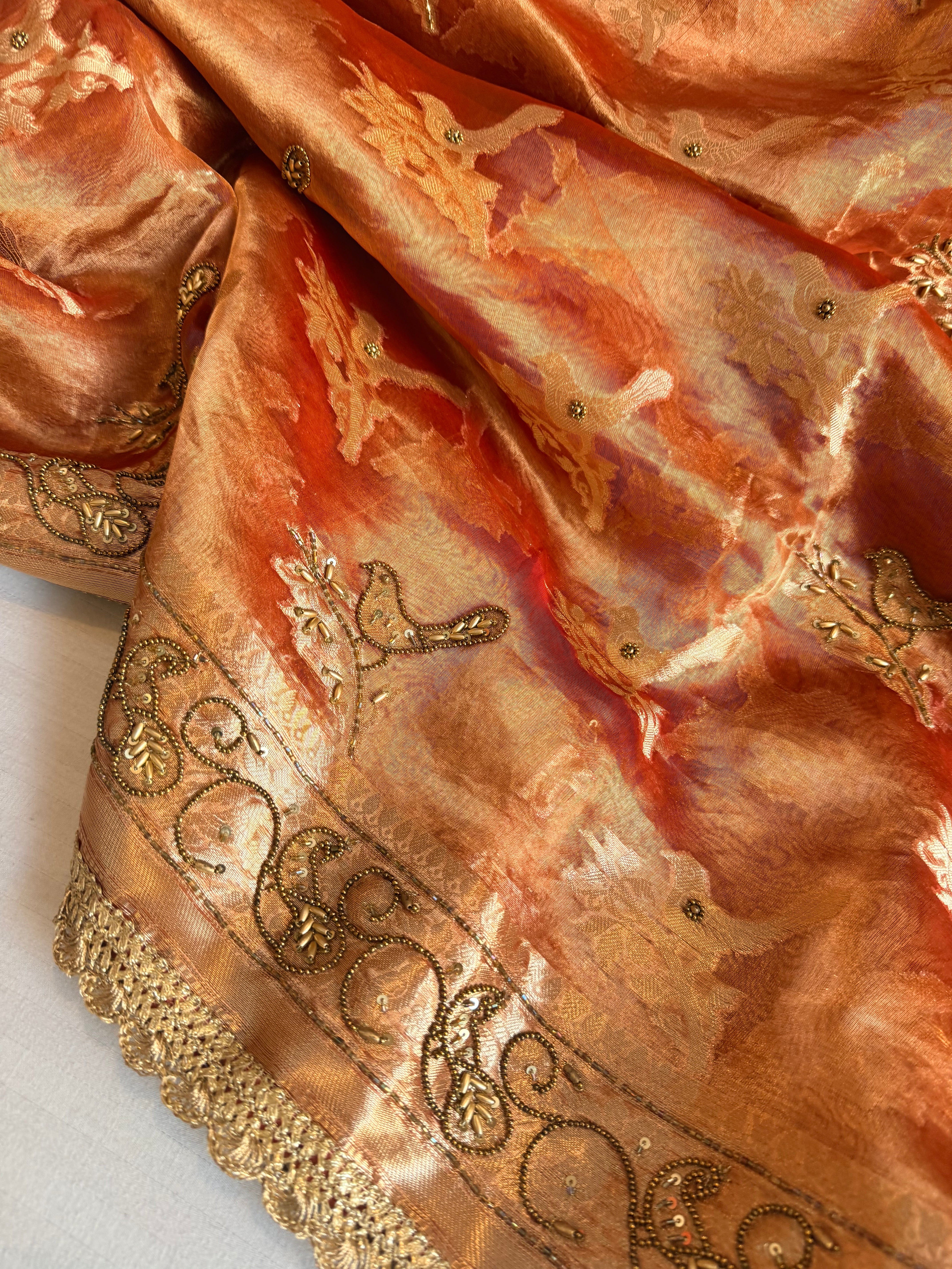Chiraiya wali saree - Sunset red tissue silk figure motif weaving and hand embroidered saree