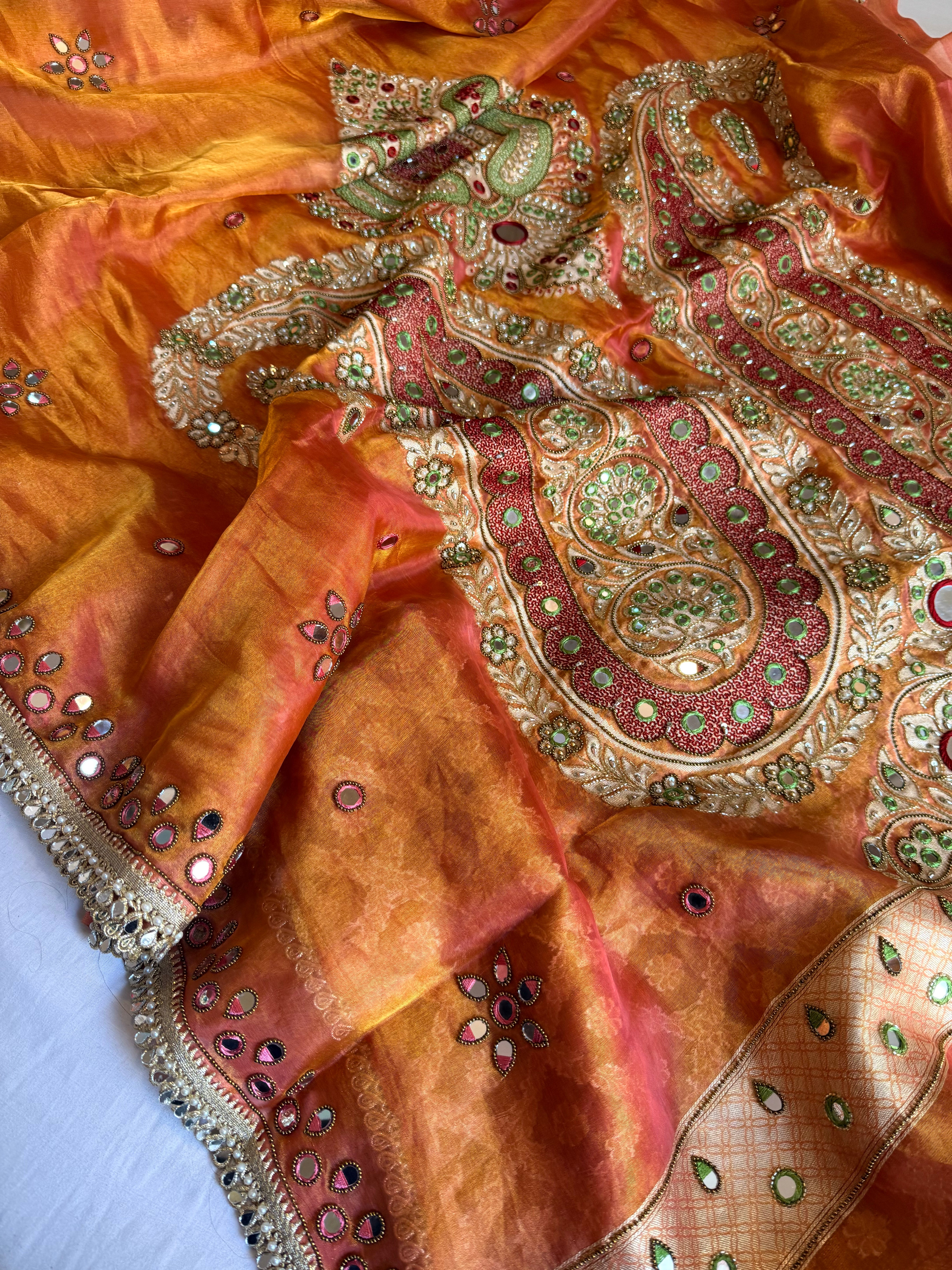 Dhup chao effect tissue silk mirrorwork hand embroidered Paithani pallu kadhwa saree