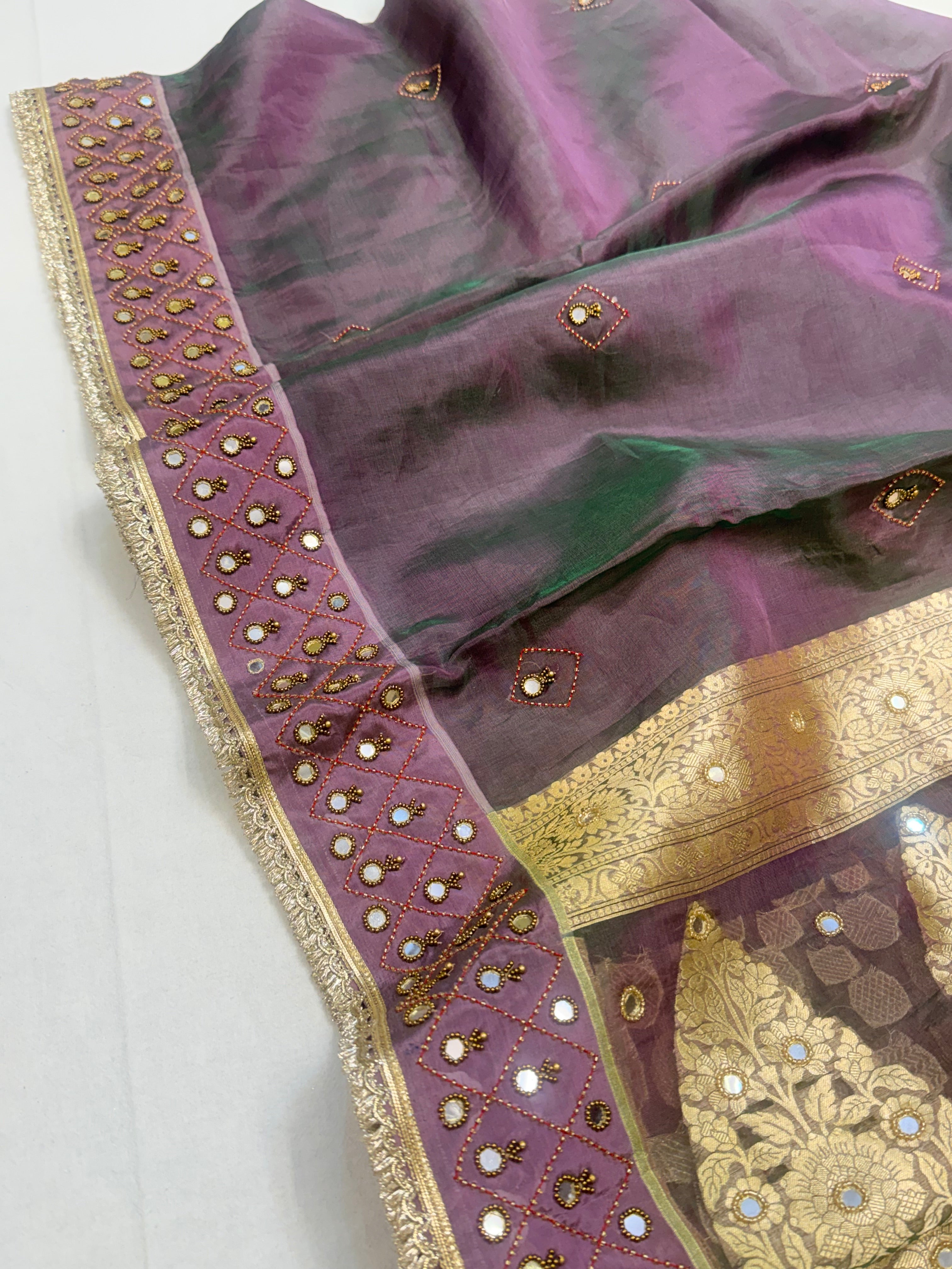 Dusty purple tissue silk hand embroidered kadhwa saree