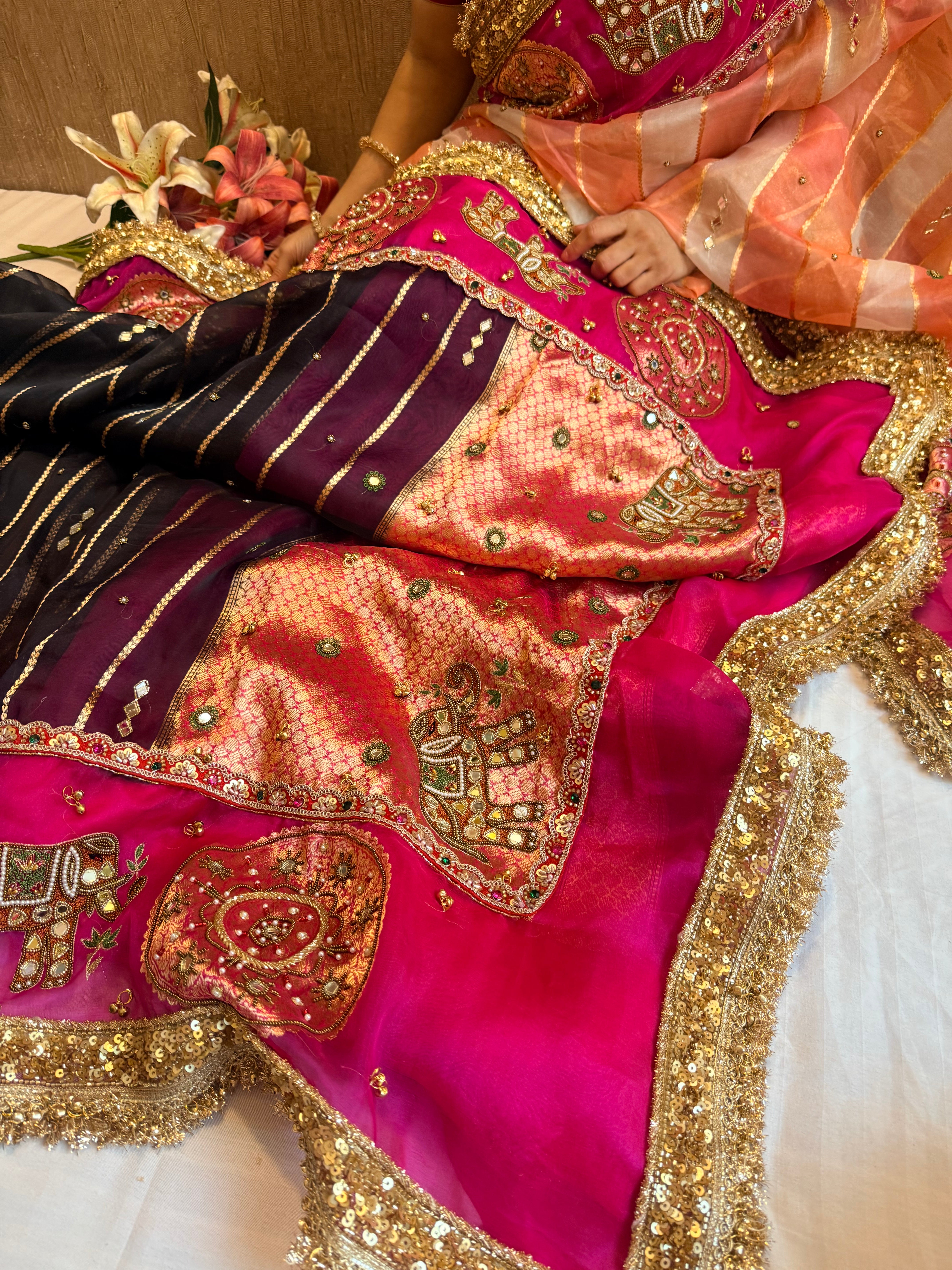 Navratan edit - Gola buti and hathi work hand embroidered kora silk saree