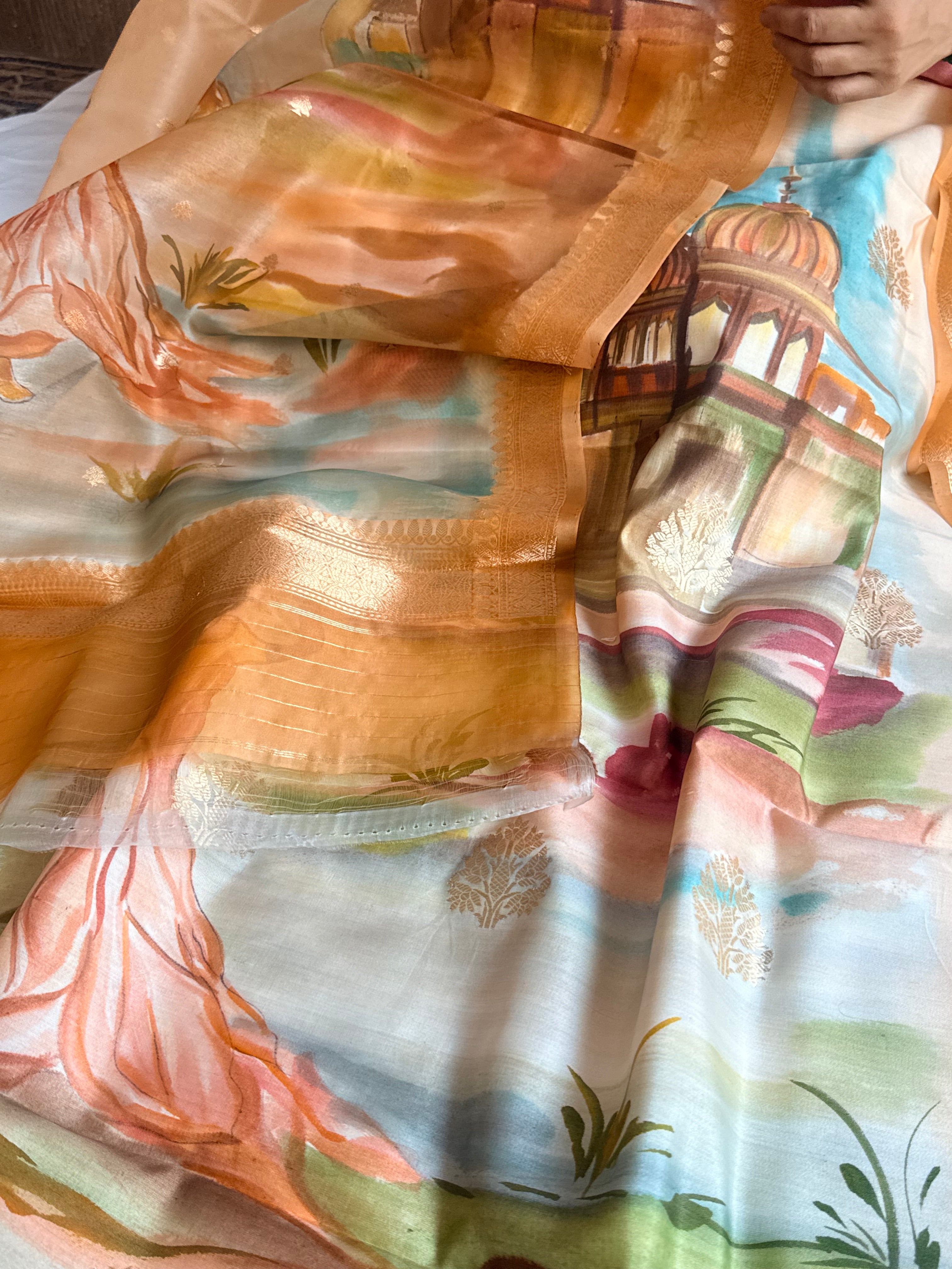 Banarasi kora silk handpainted ghatwork kadhwa buti rainbow dye suits
